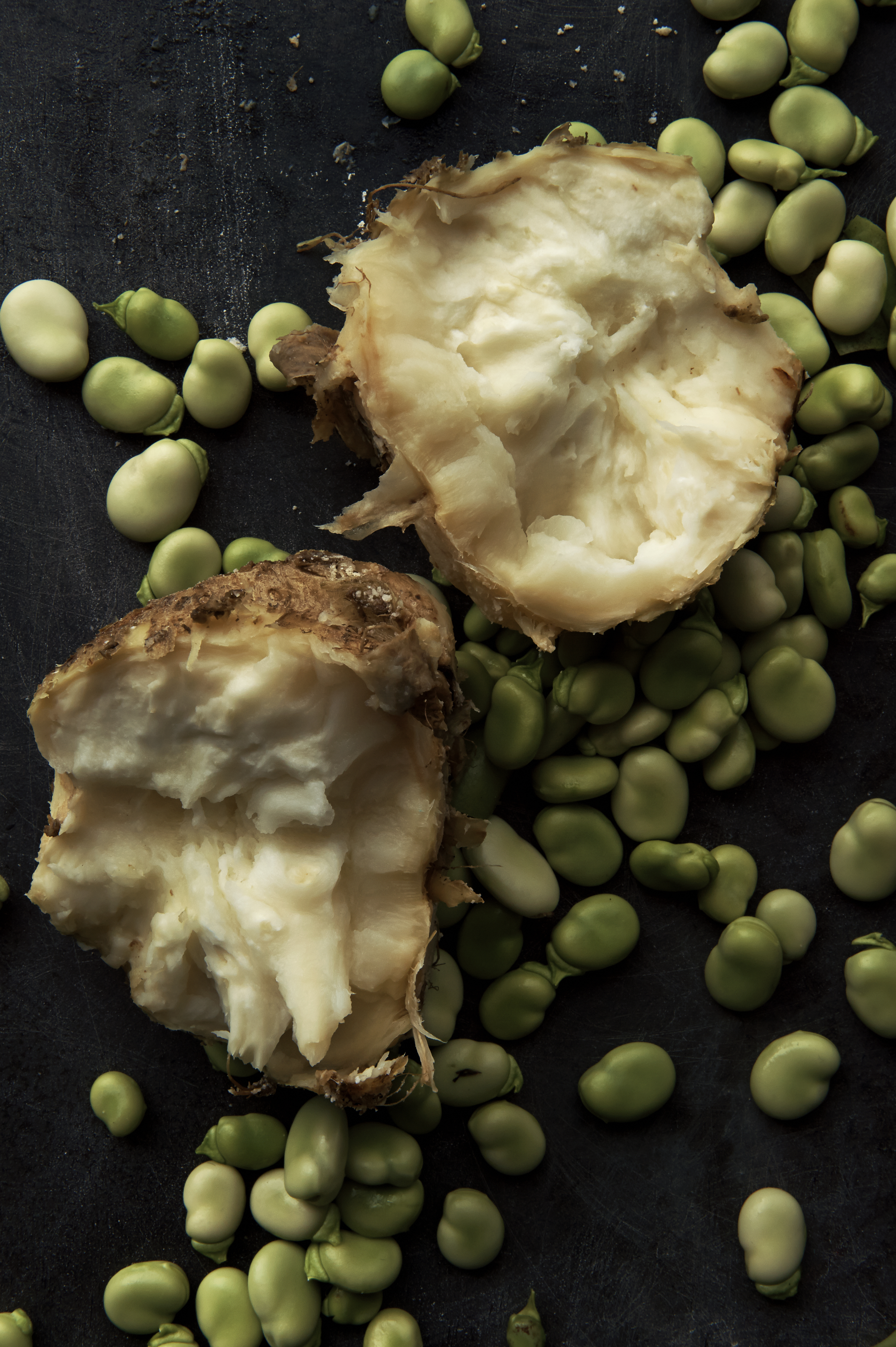 Salt-baked celeriac, broad beans and preserved lemon