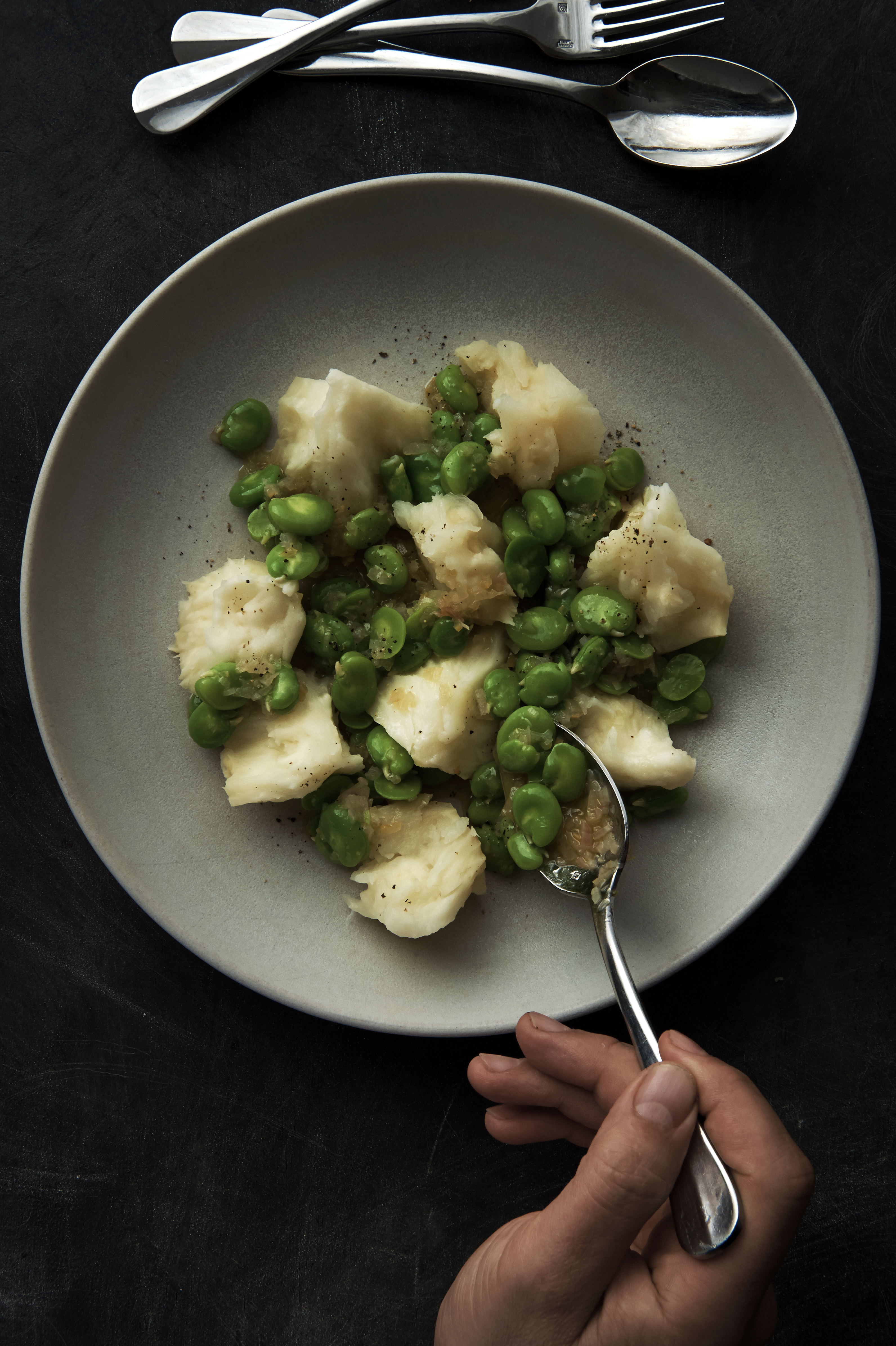 Salt-baked celeriac, broad beans and preserved lemon