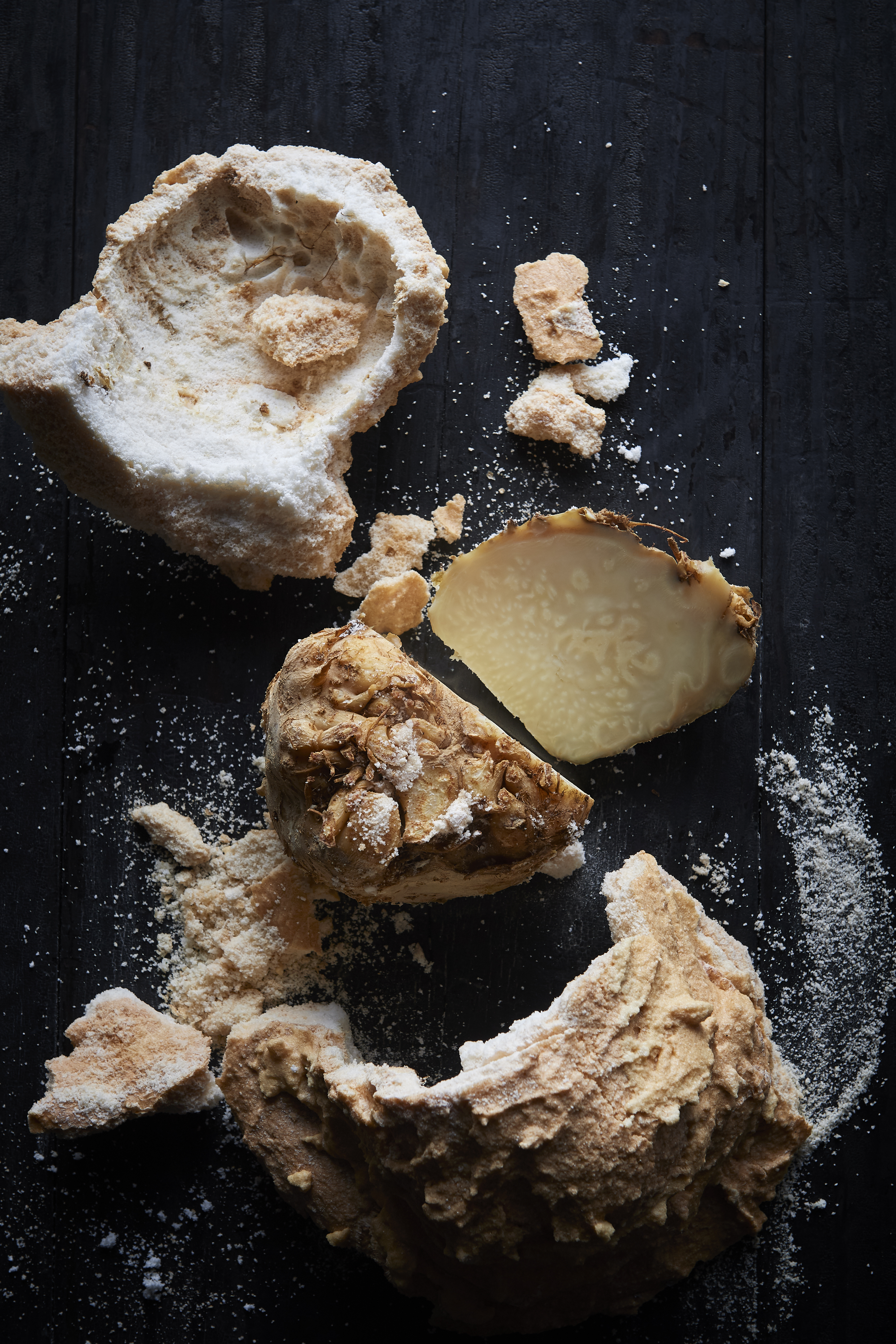 Salt-baked celeriac with mustard cream and salmon roe