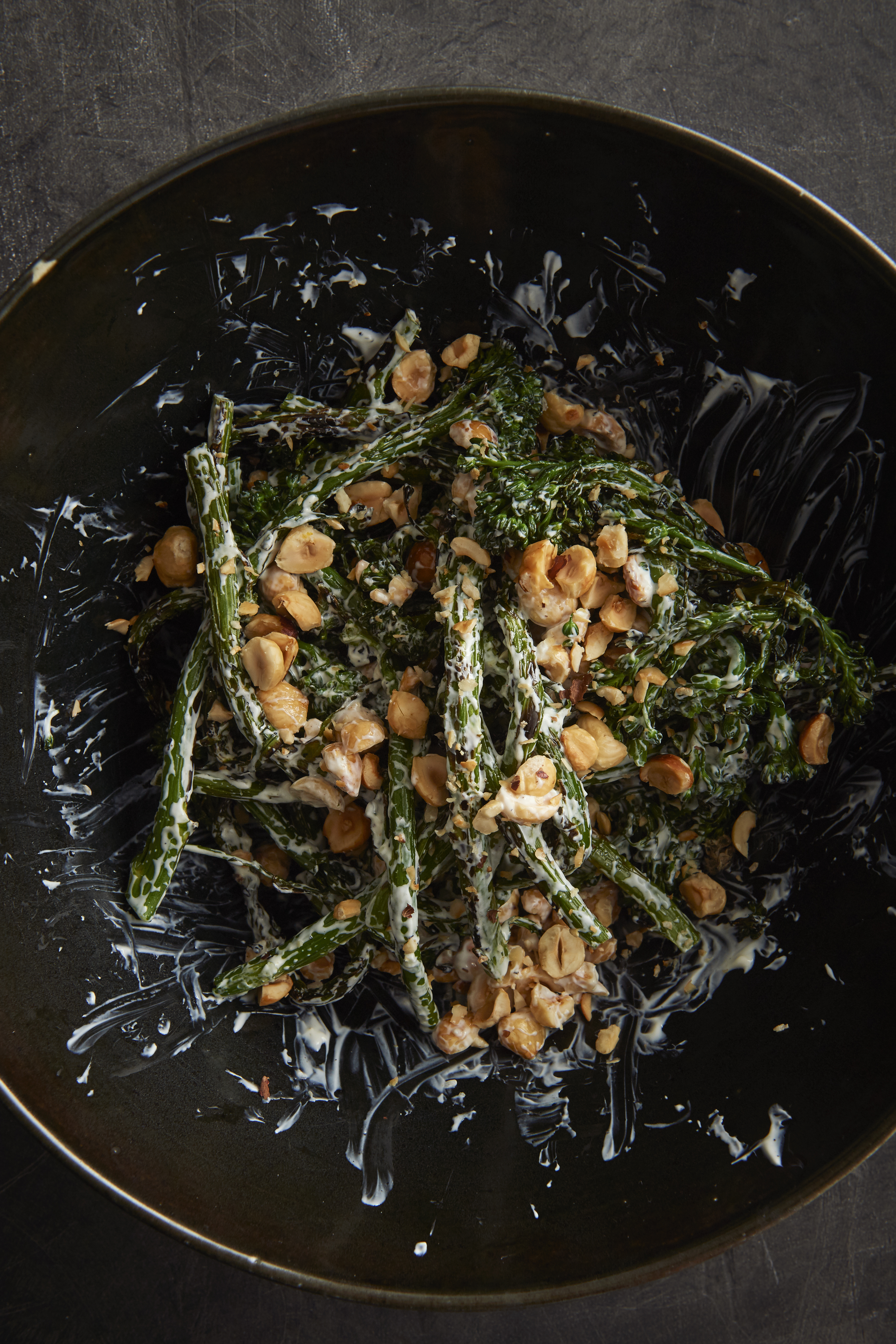 Grilled broccolini, yoghurt dressing and hazelnuts