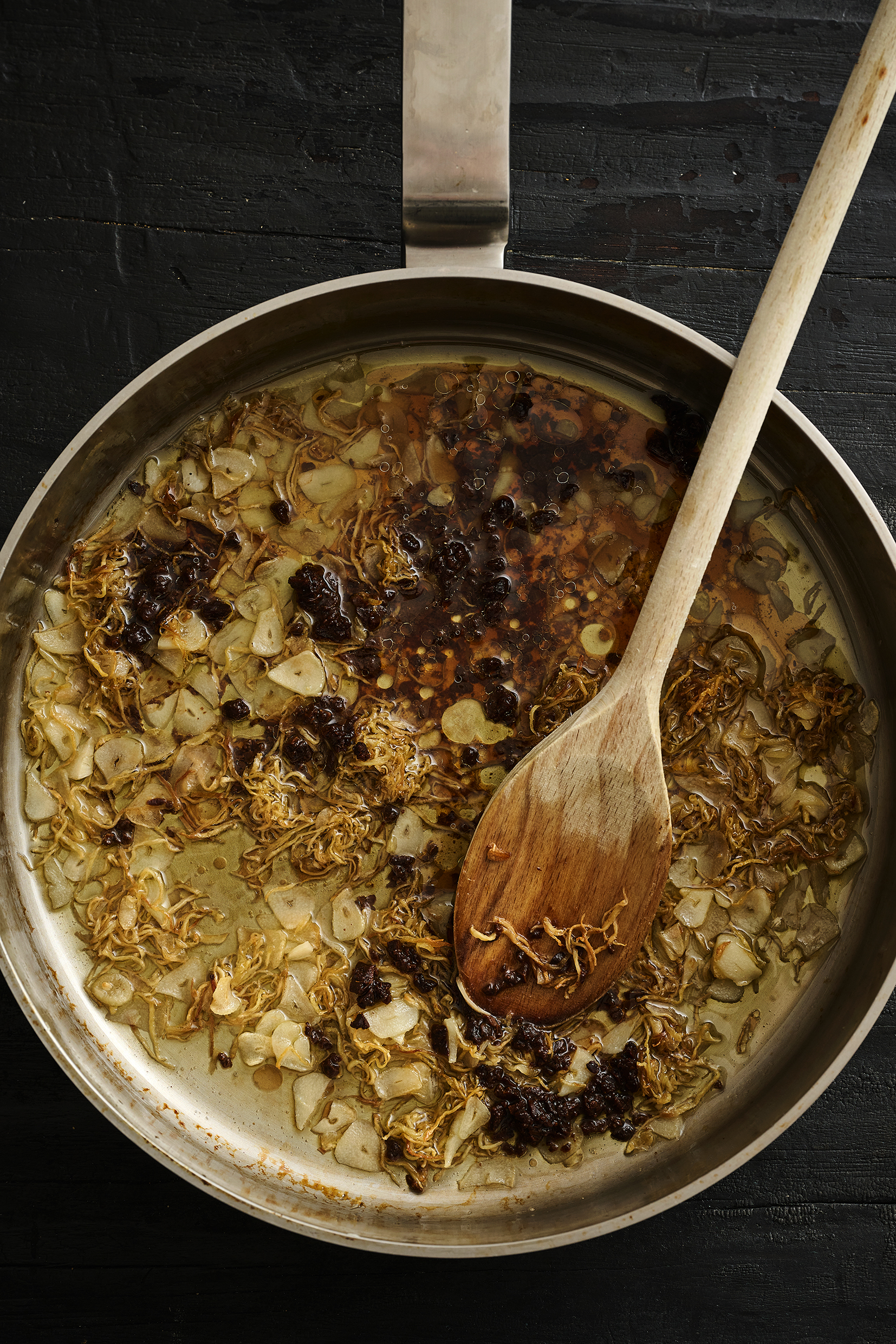Mix for black bean sauce inside a pot.