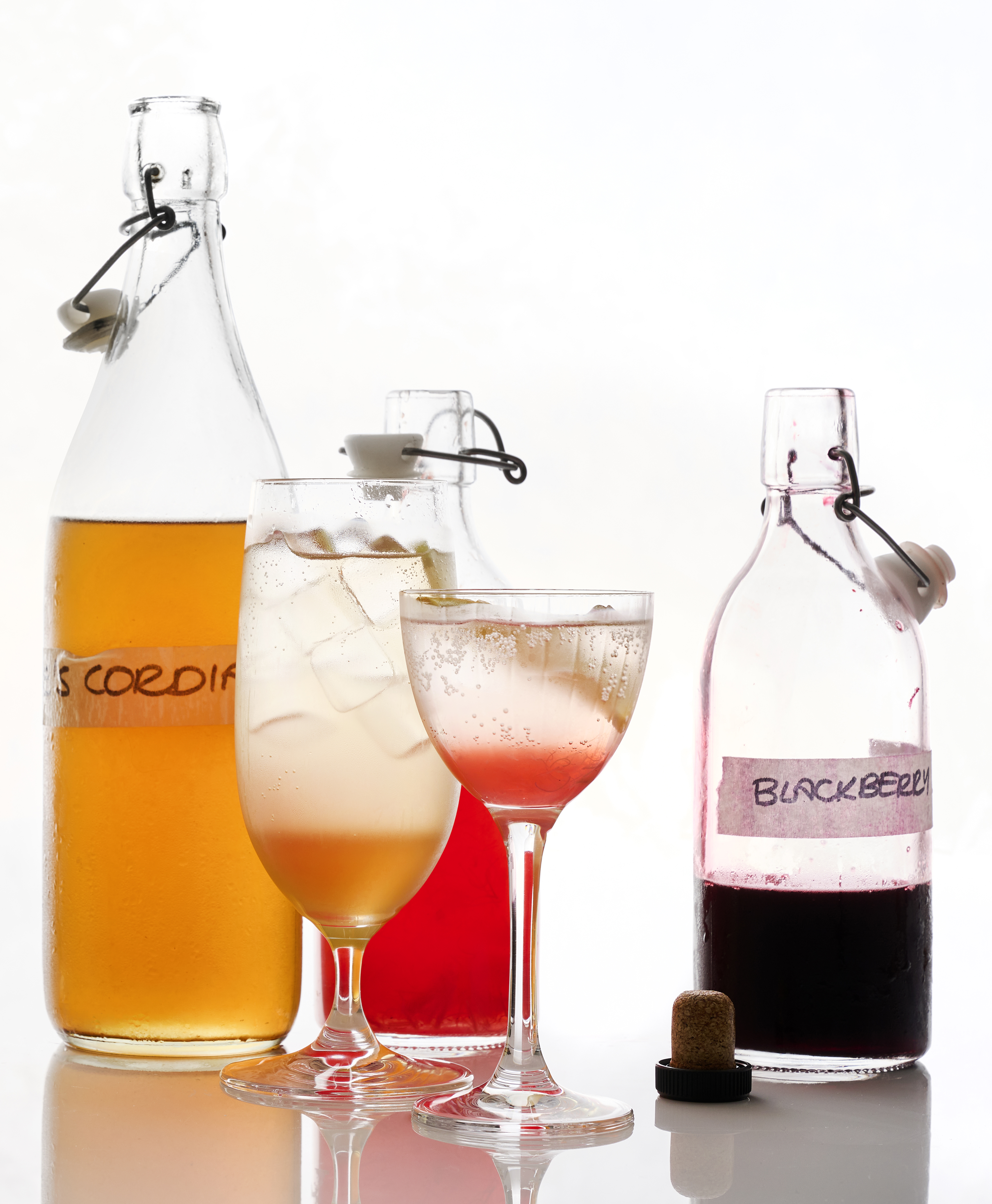 Rhubarb shrub, blackberry shrub and old-fashioned lemon cordial