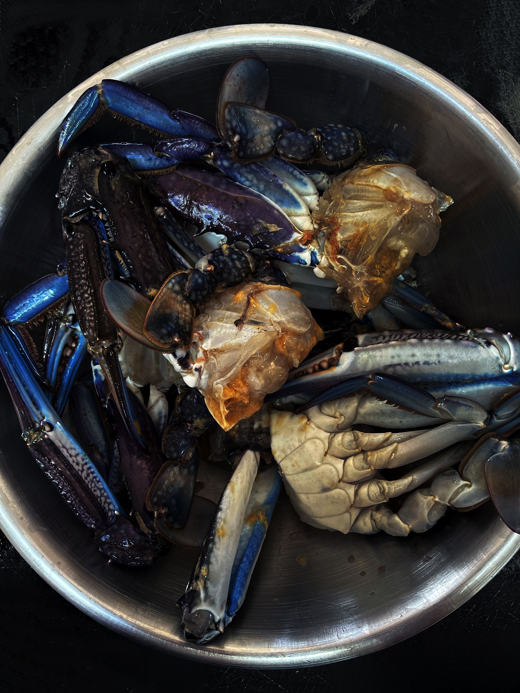 Broken crabs in a silver bowl.