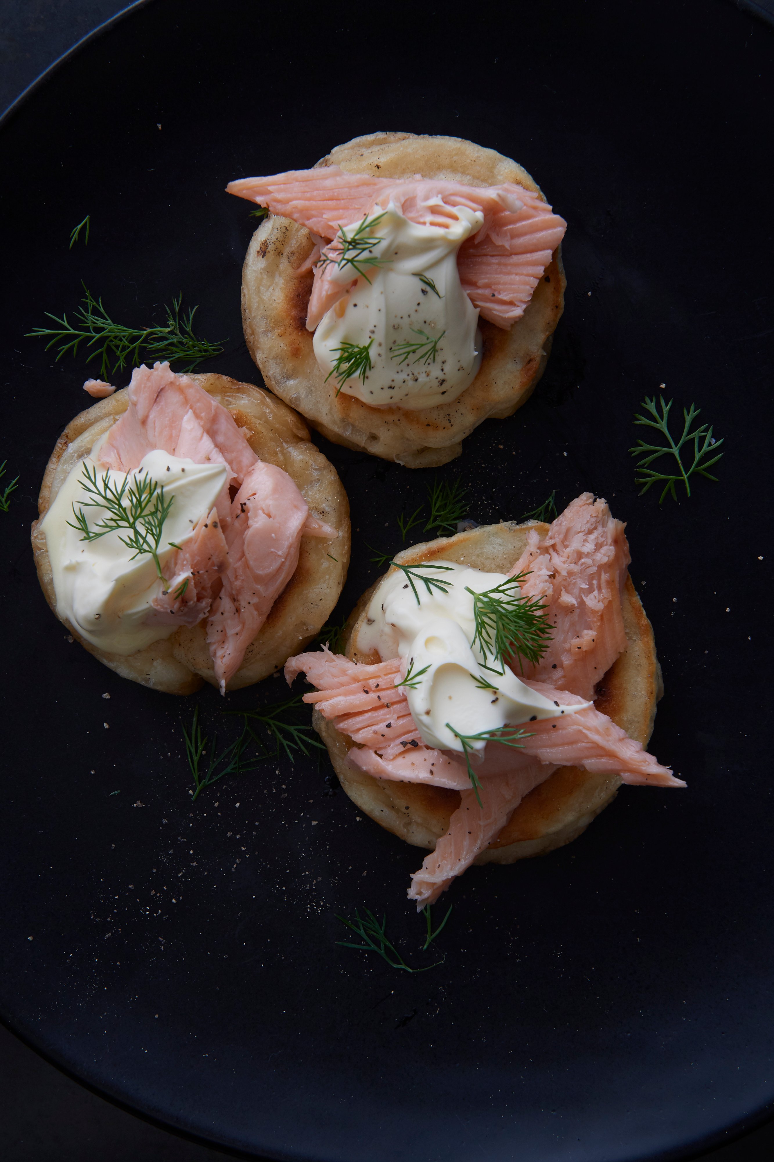 Crumpets with hot-smoked trout