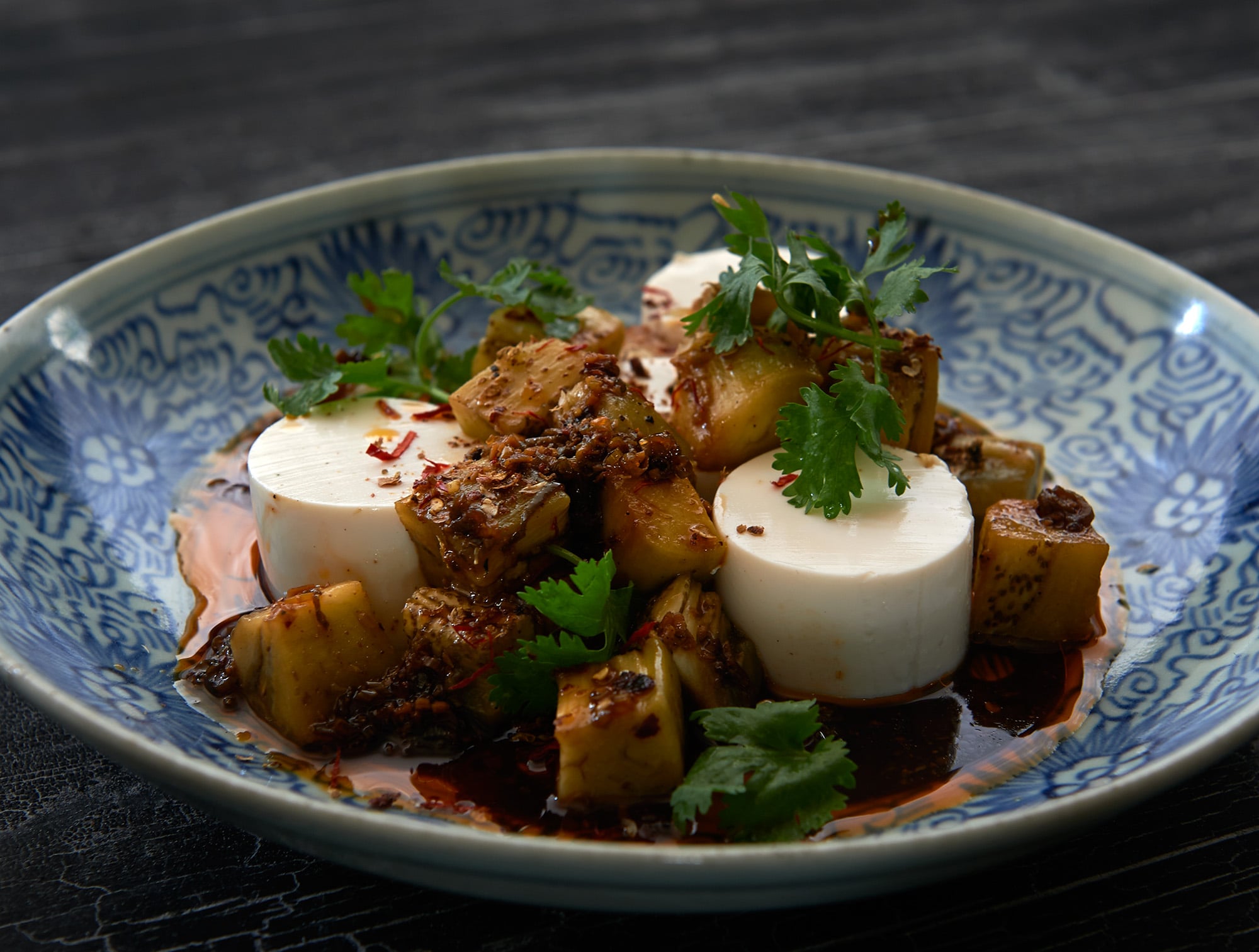 Silken tofu and marinated eggplant
