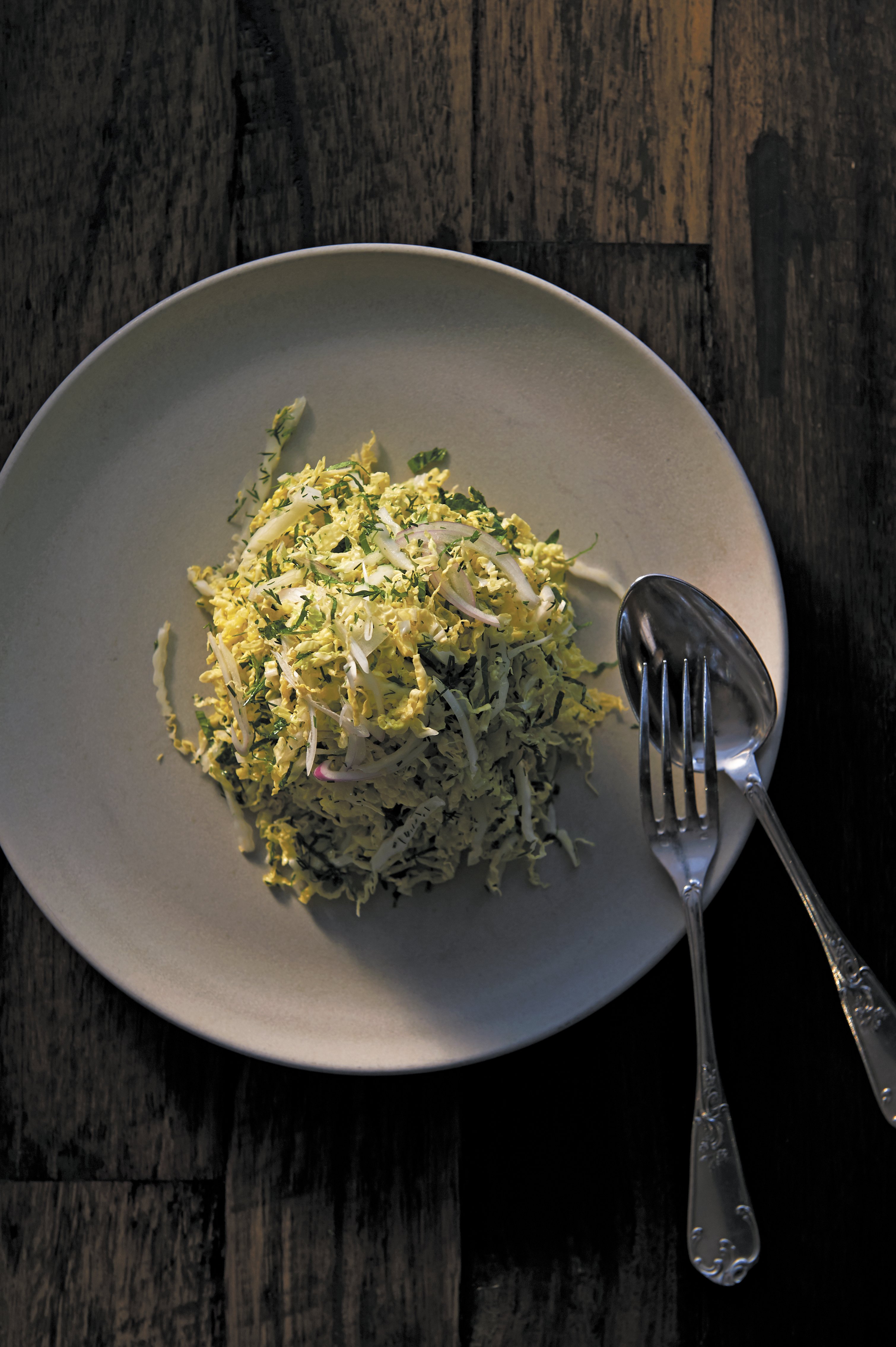 Shredded cabbage salad and roasted Jerusalem artichokes