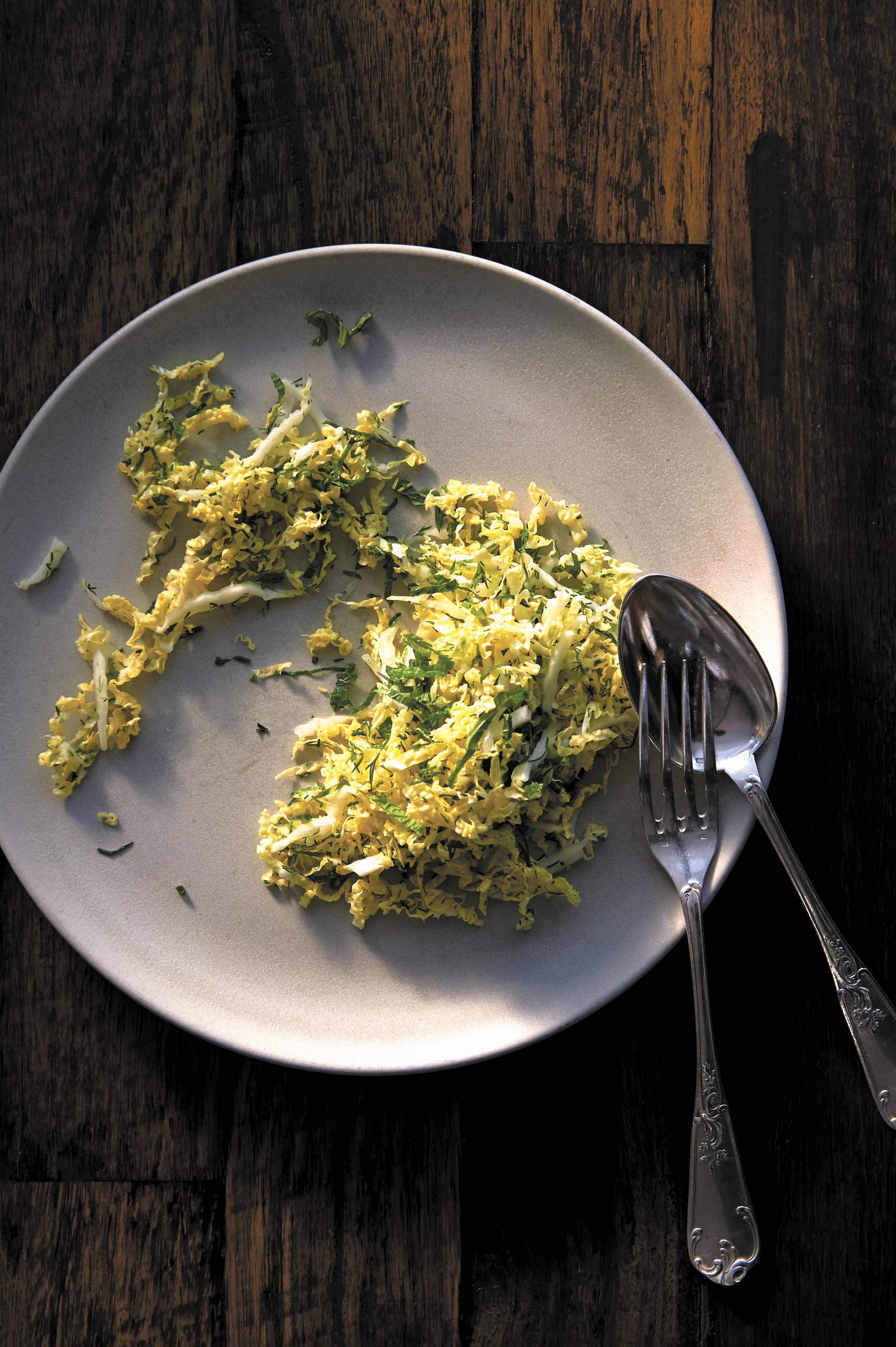 Shredded cabbage salad and roasted Jerusalem artichokes