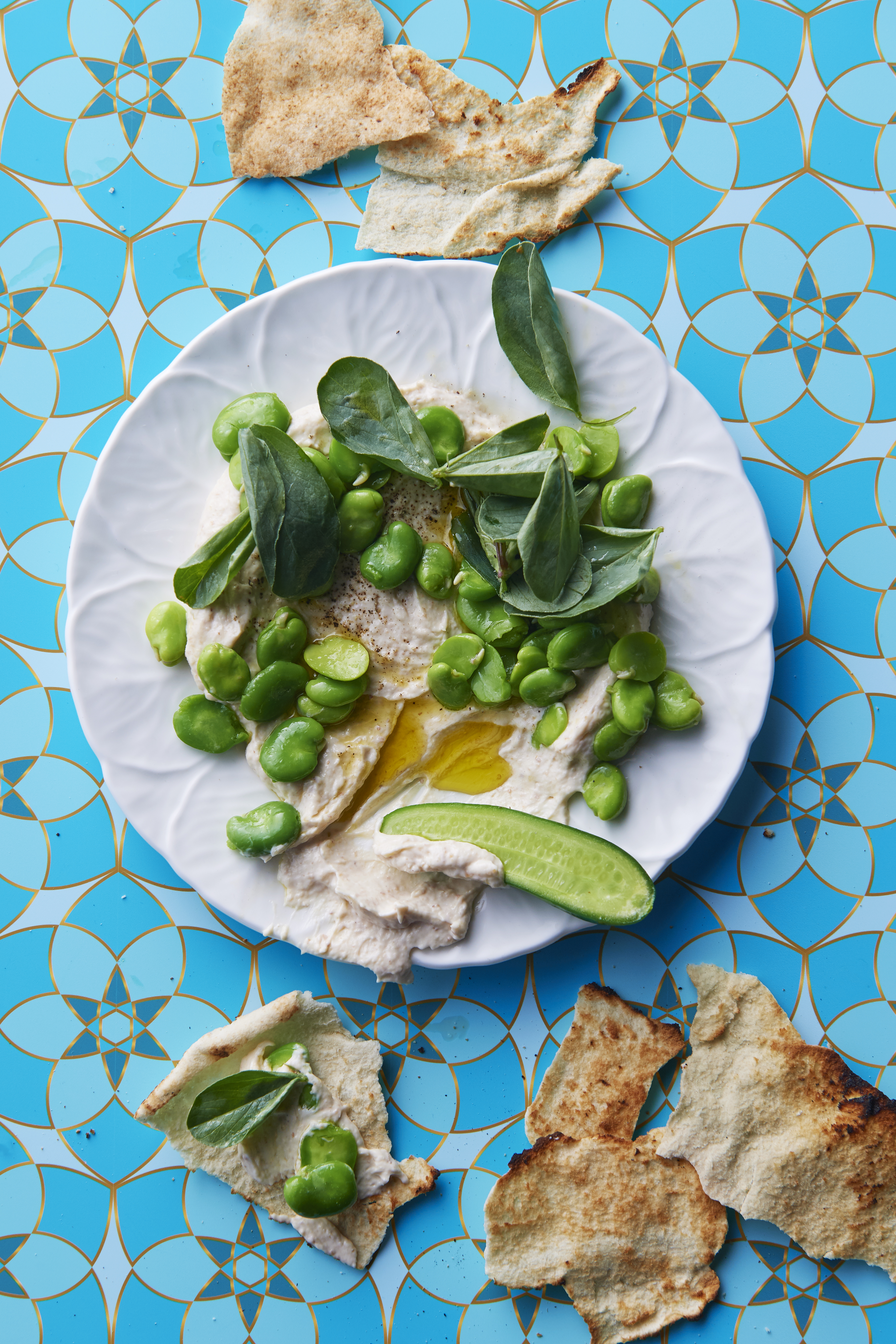 Whipped smoked fish with broad beans, leaves and salted cucumber