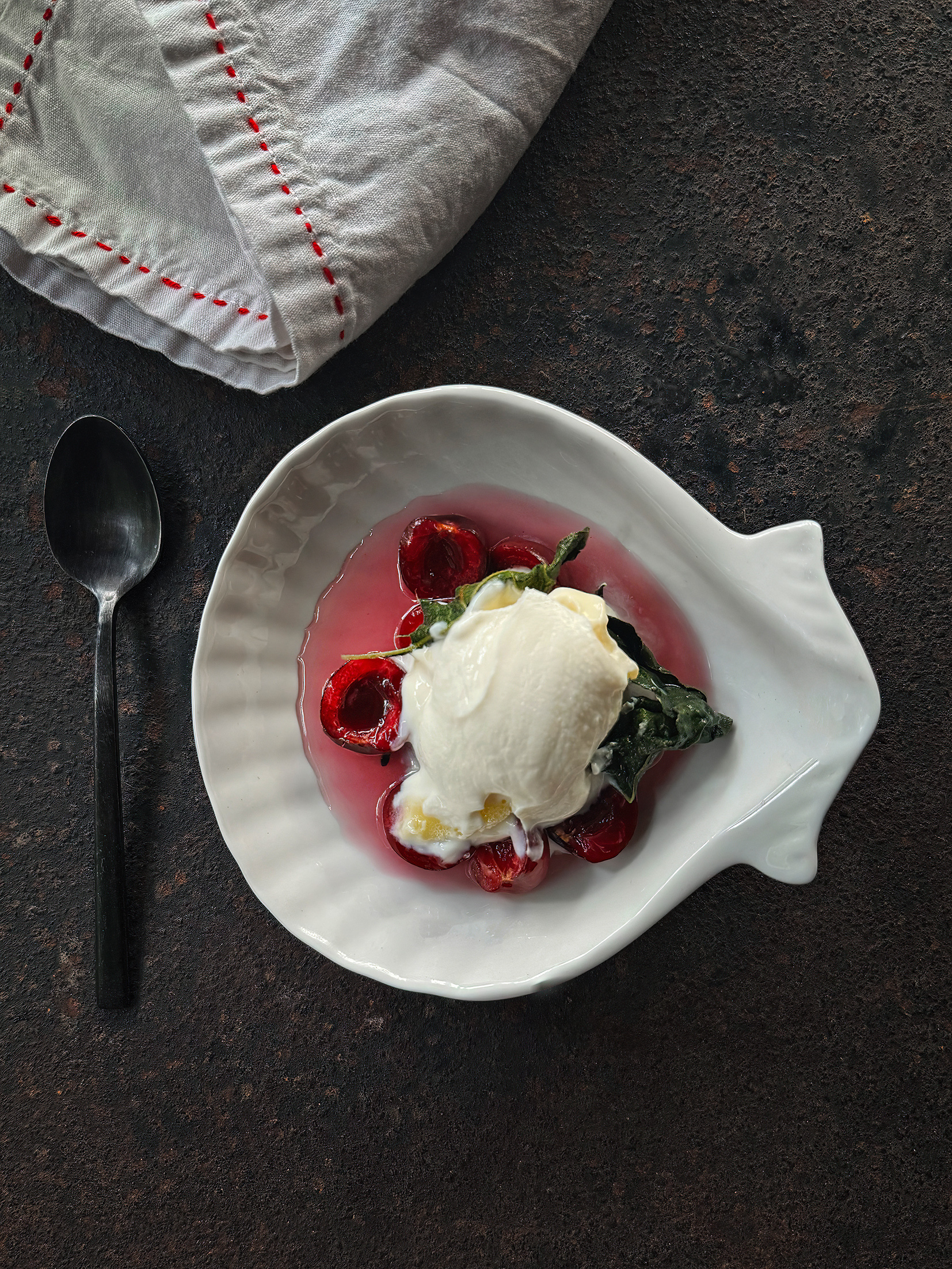 Fig leaf panna cotta with cherries