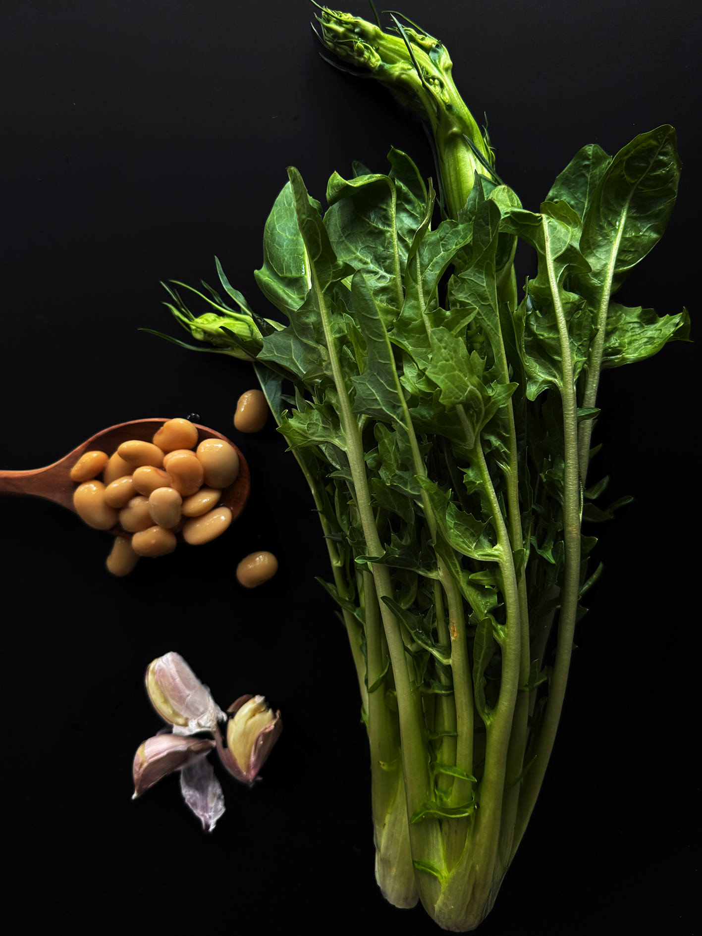 Braised chicory stems with cannellini beans and bagna càuda 