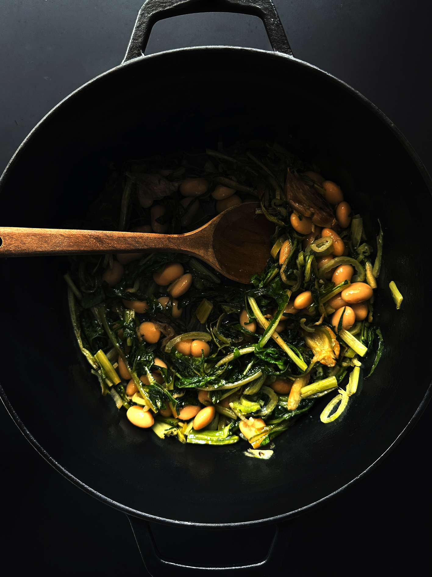 Braised chicory stems with cannellini beans and bagna càuda 