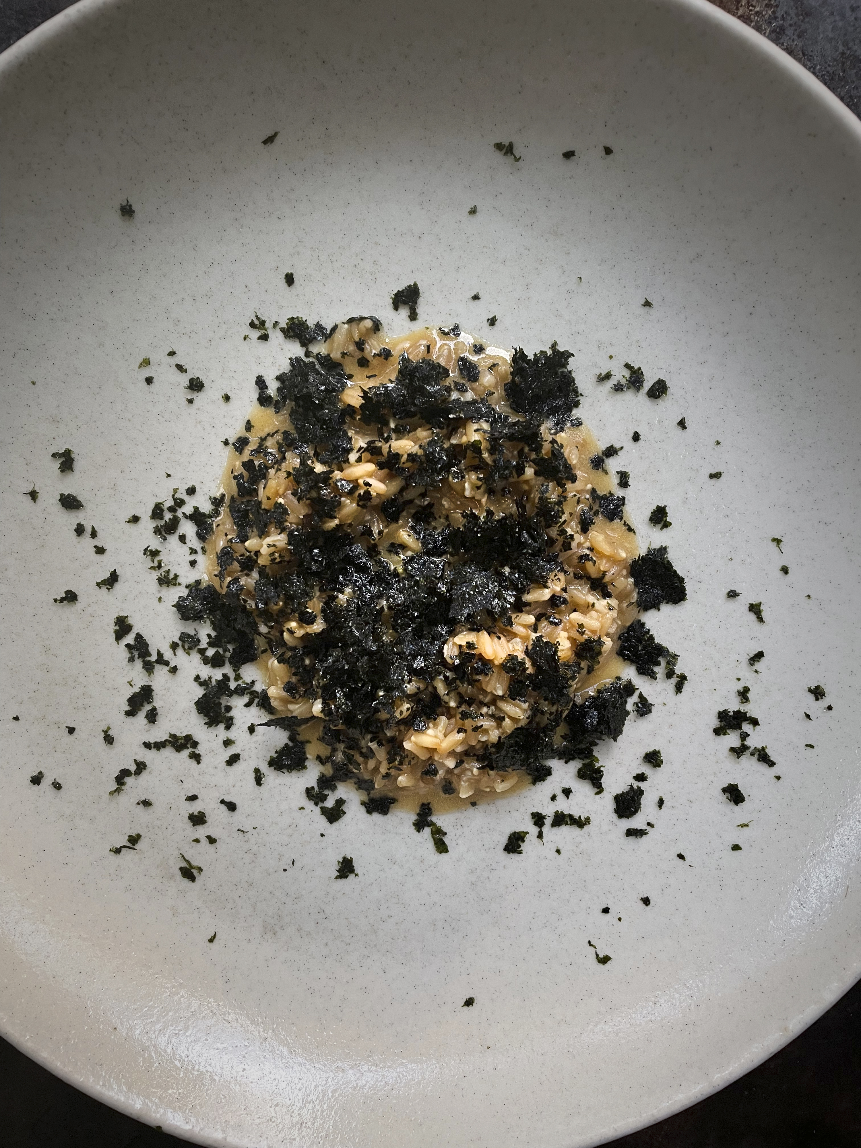 Oyster mushrooms and buckwheat porridge with miso, seaweed and truffle