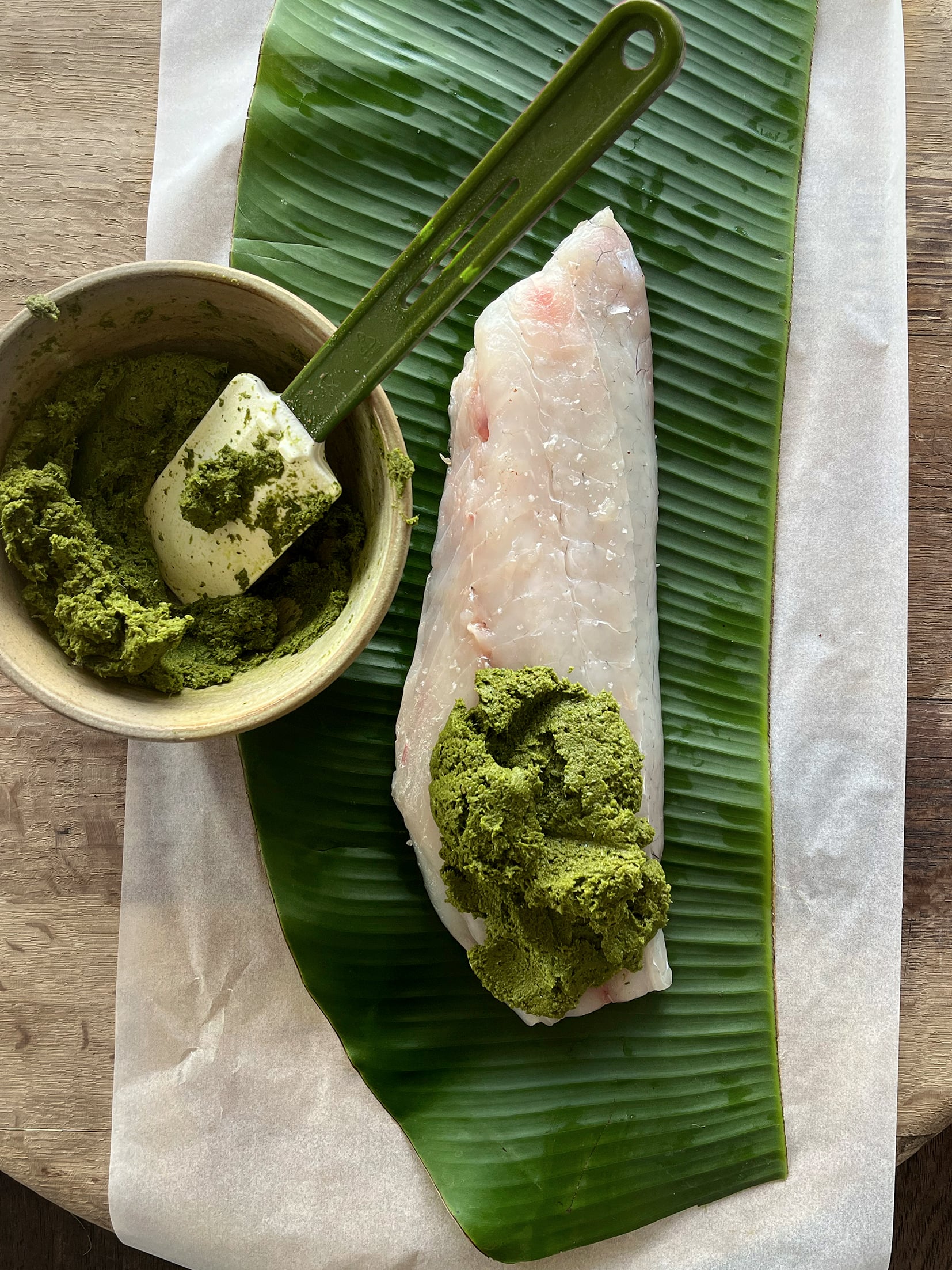 Banana leaf baked fish with aromatic coriander paste