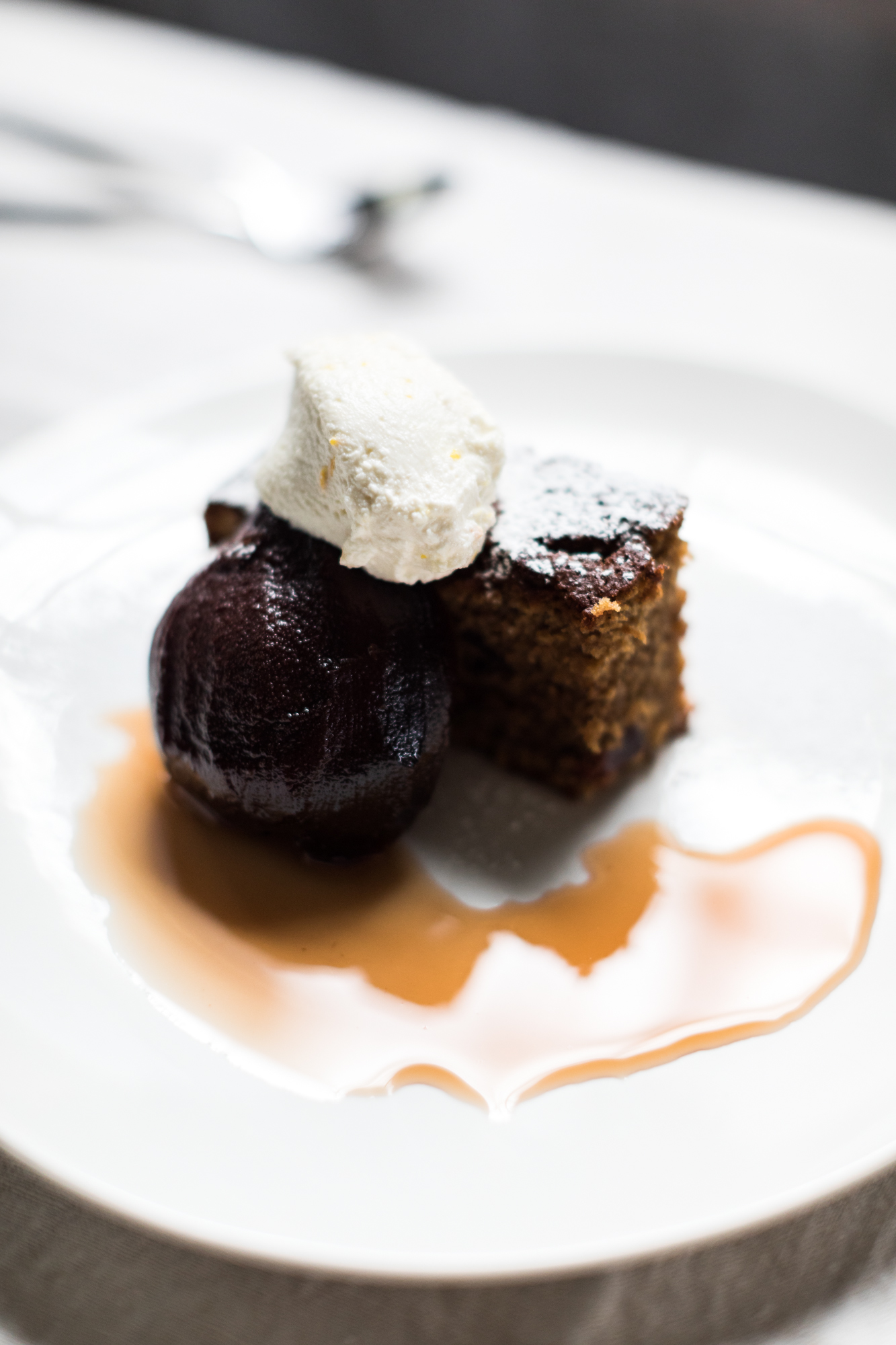Roasted quince with spiced quince cake and whipped ricotta