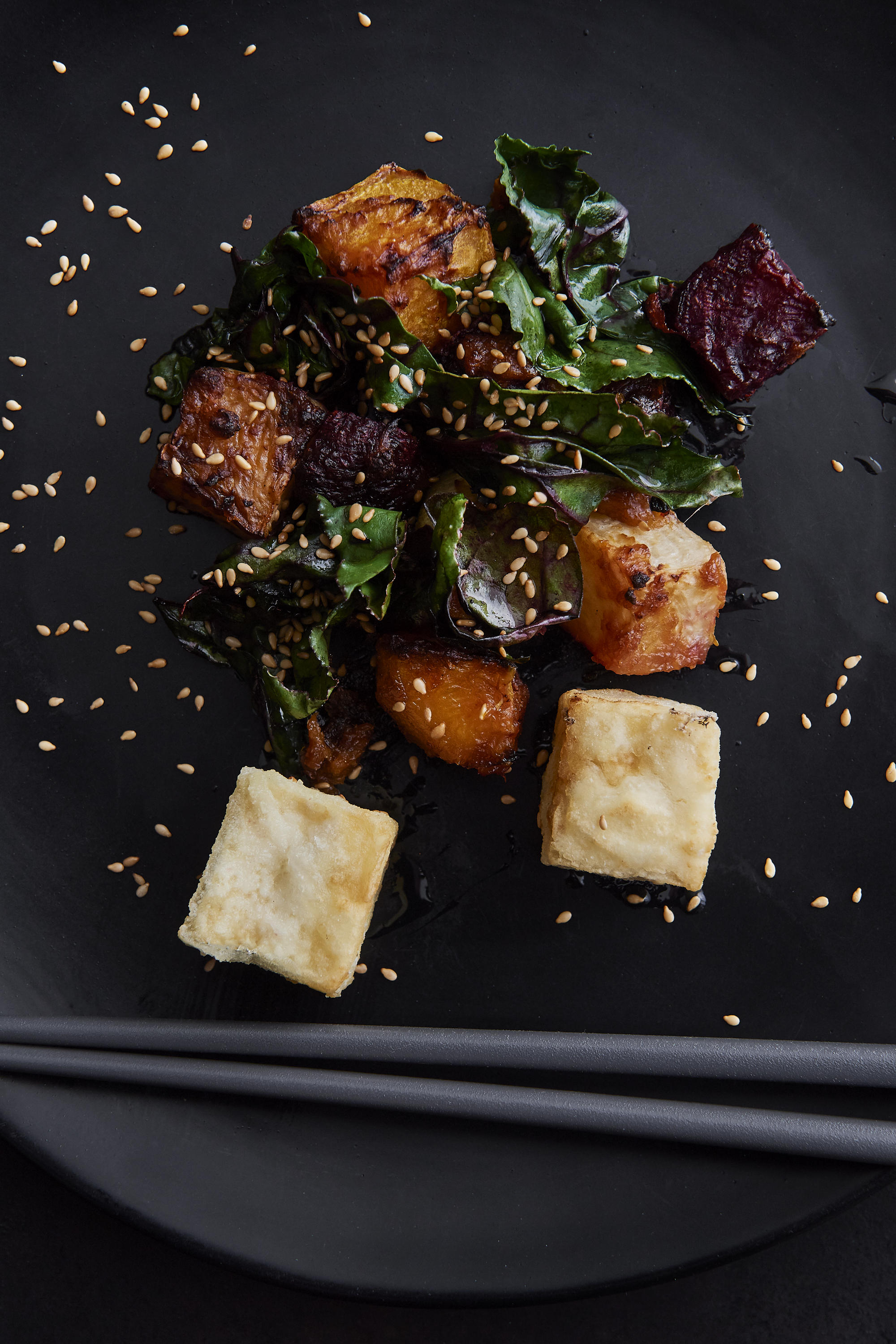 Roasted beetroot with miso, sesame seeds and silken tofu