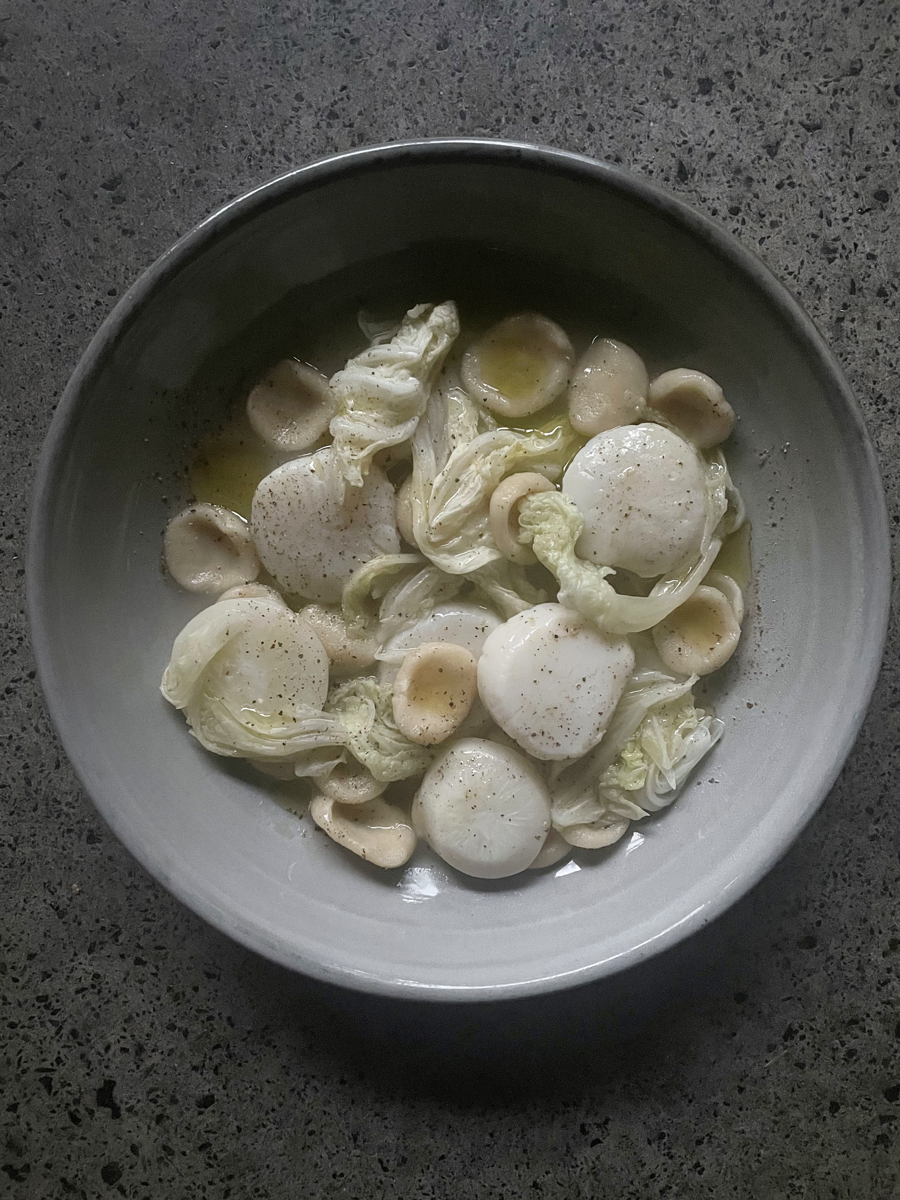 Hand-rolled semolina pasta with scallop blanquette