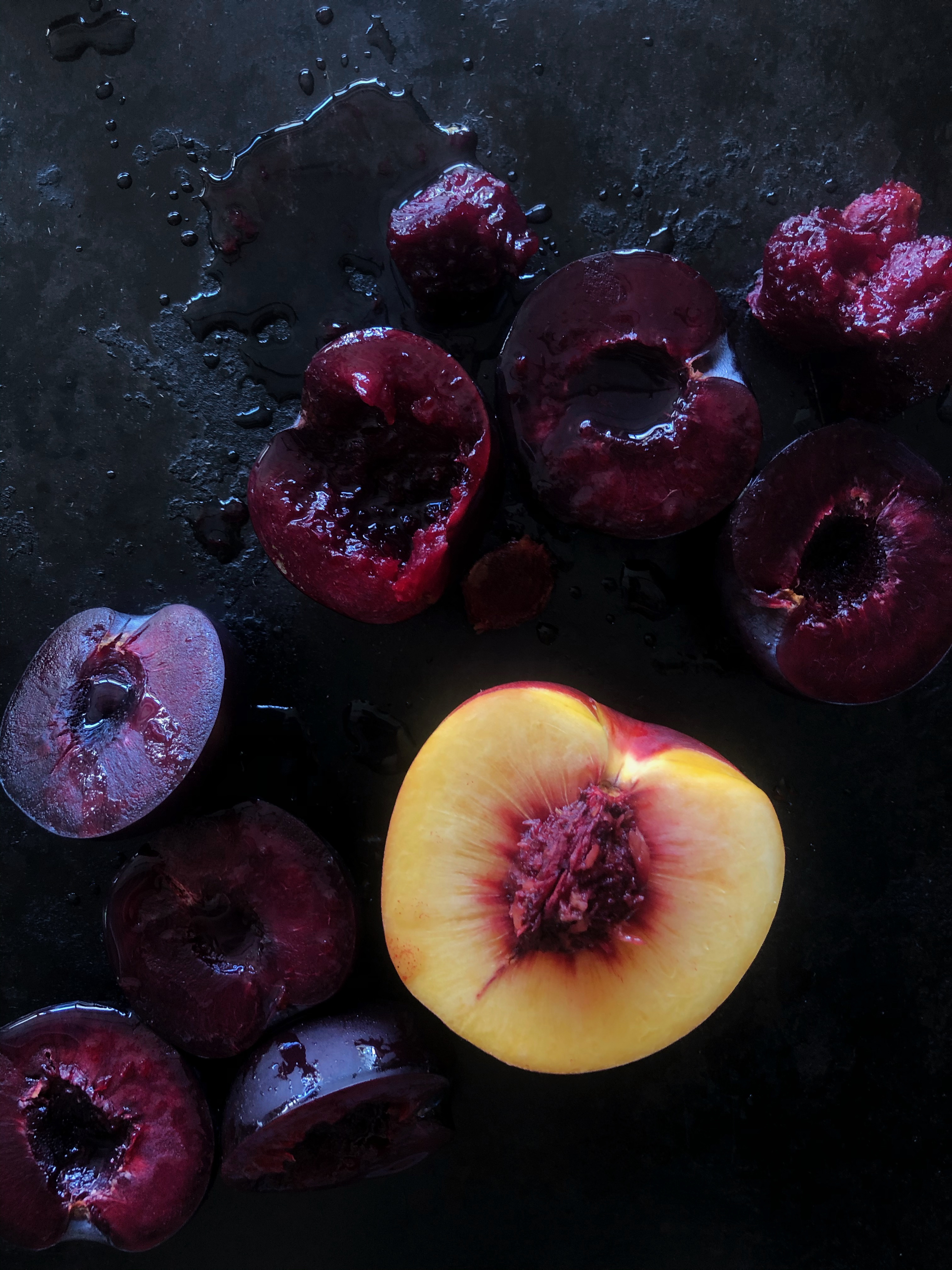 Nectarine and thyme granita with plums and ice-cream