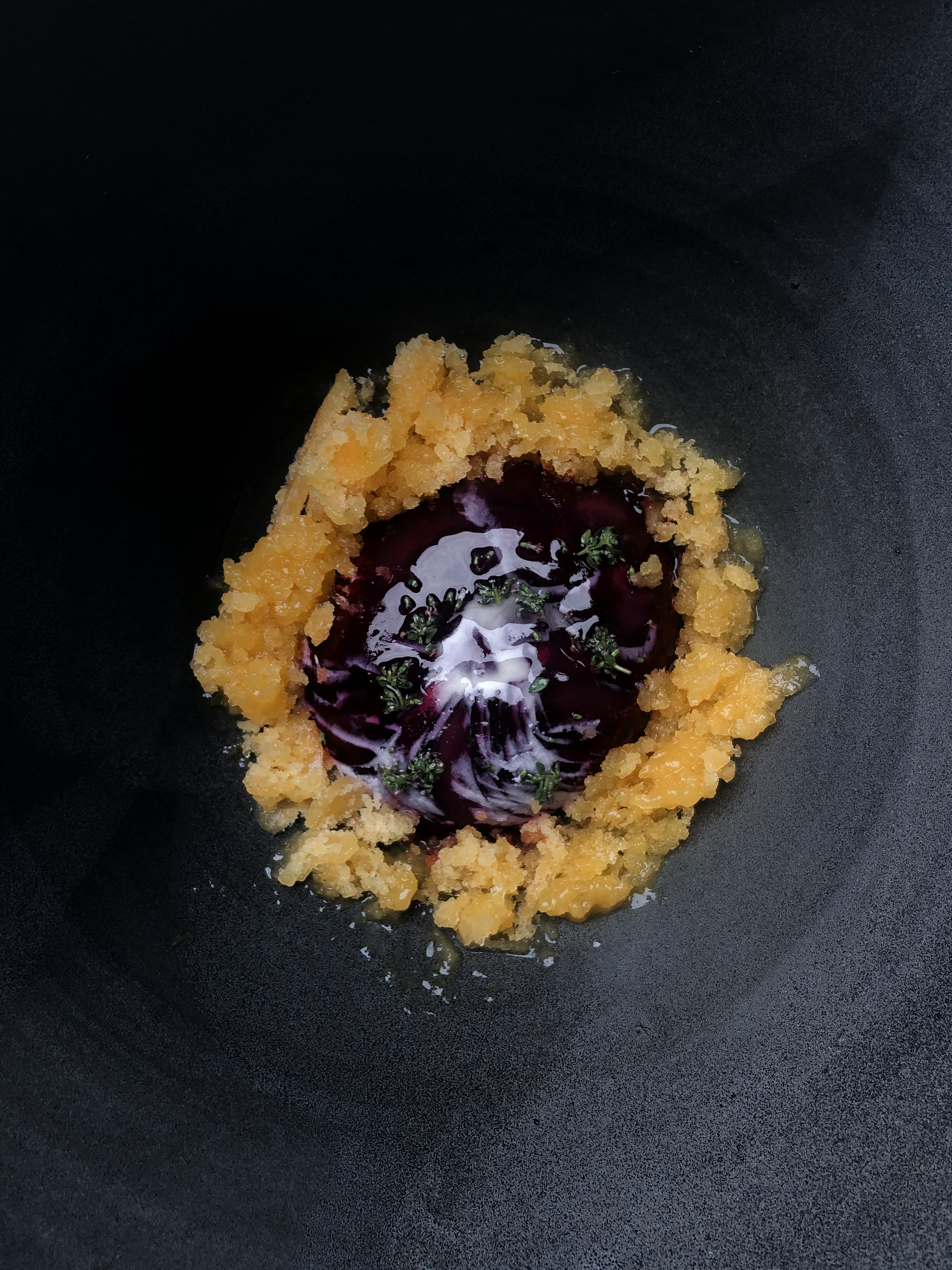 Nectarine and thyme granita with plums and ice-cream