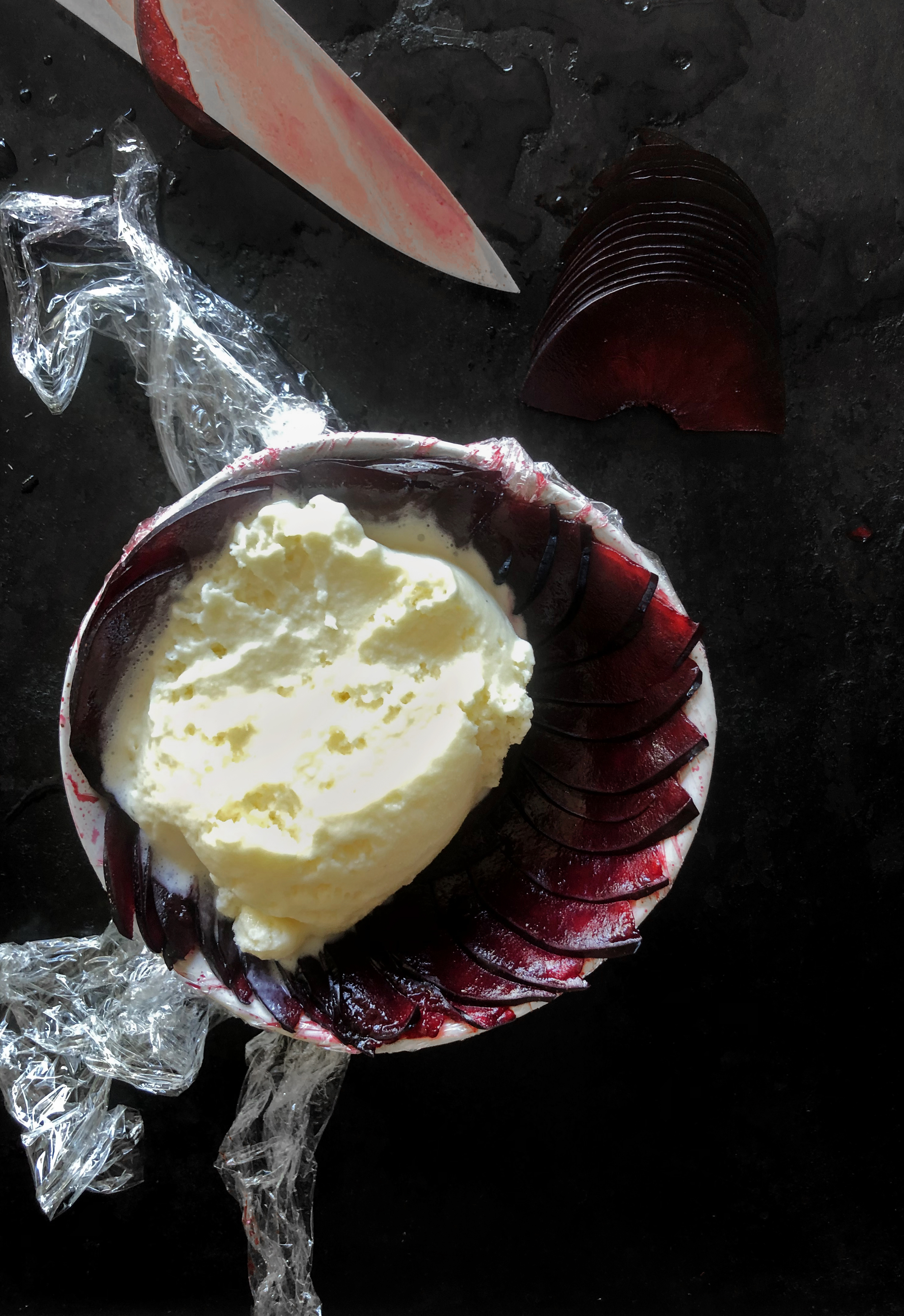 Nectarine and thyme granita with plums and ice-cream