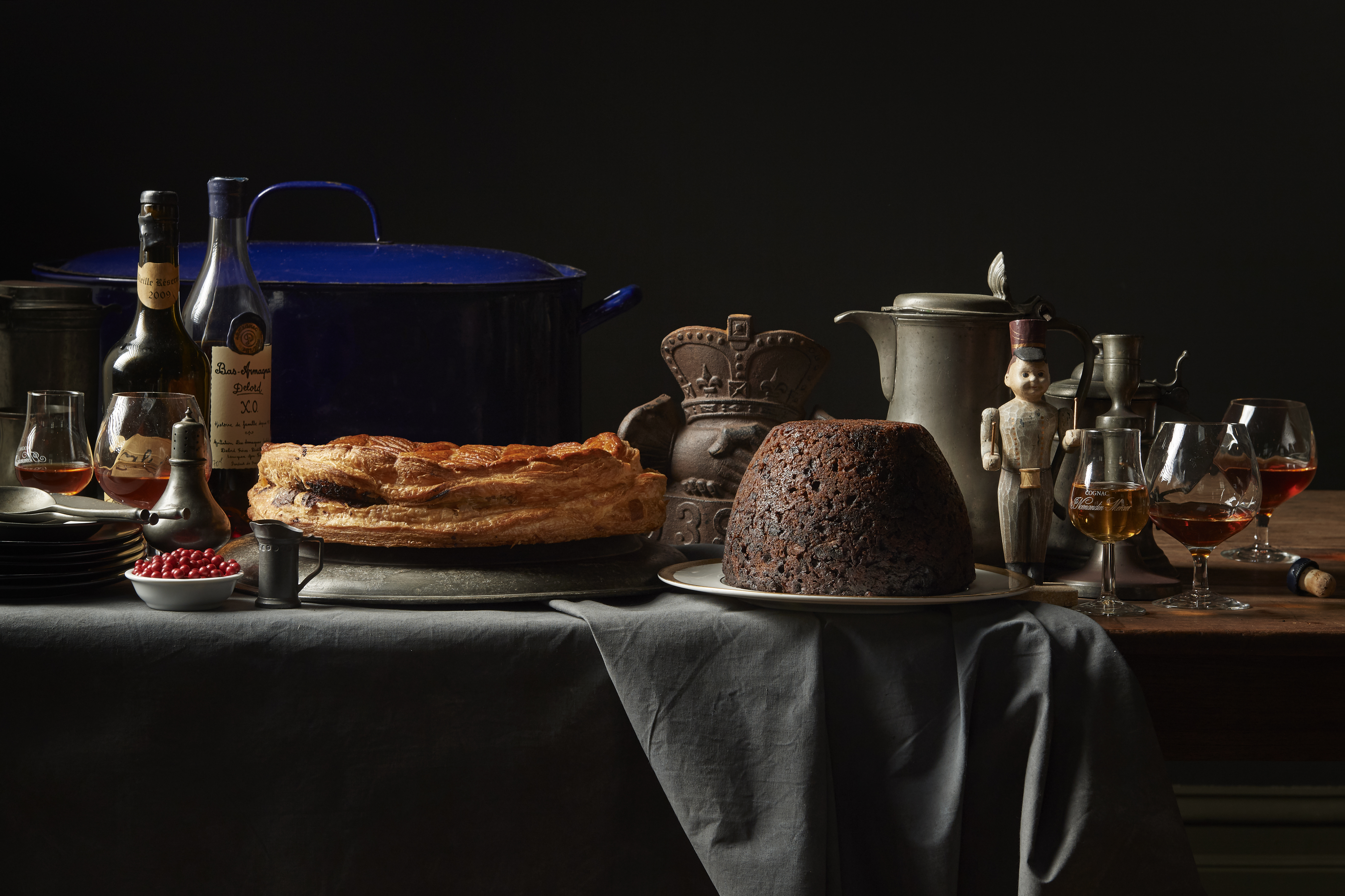 Galette des rois, and plum pudding with Armagnac custard