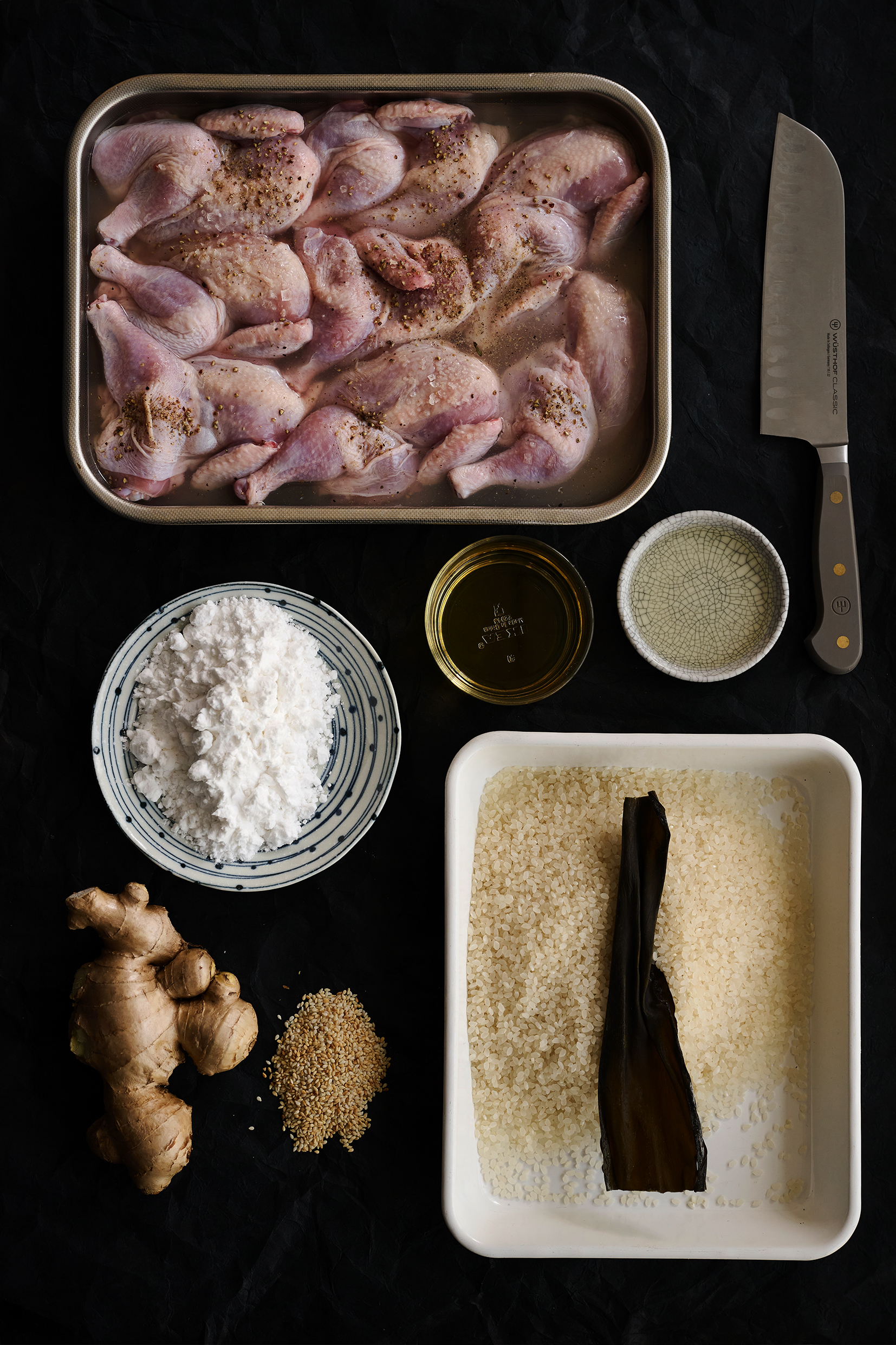 Sake-fried spatchcock with ginger sesame rice