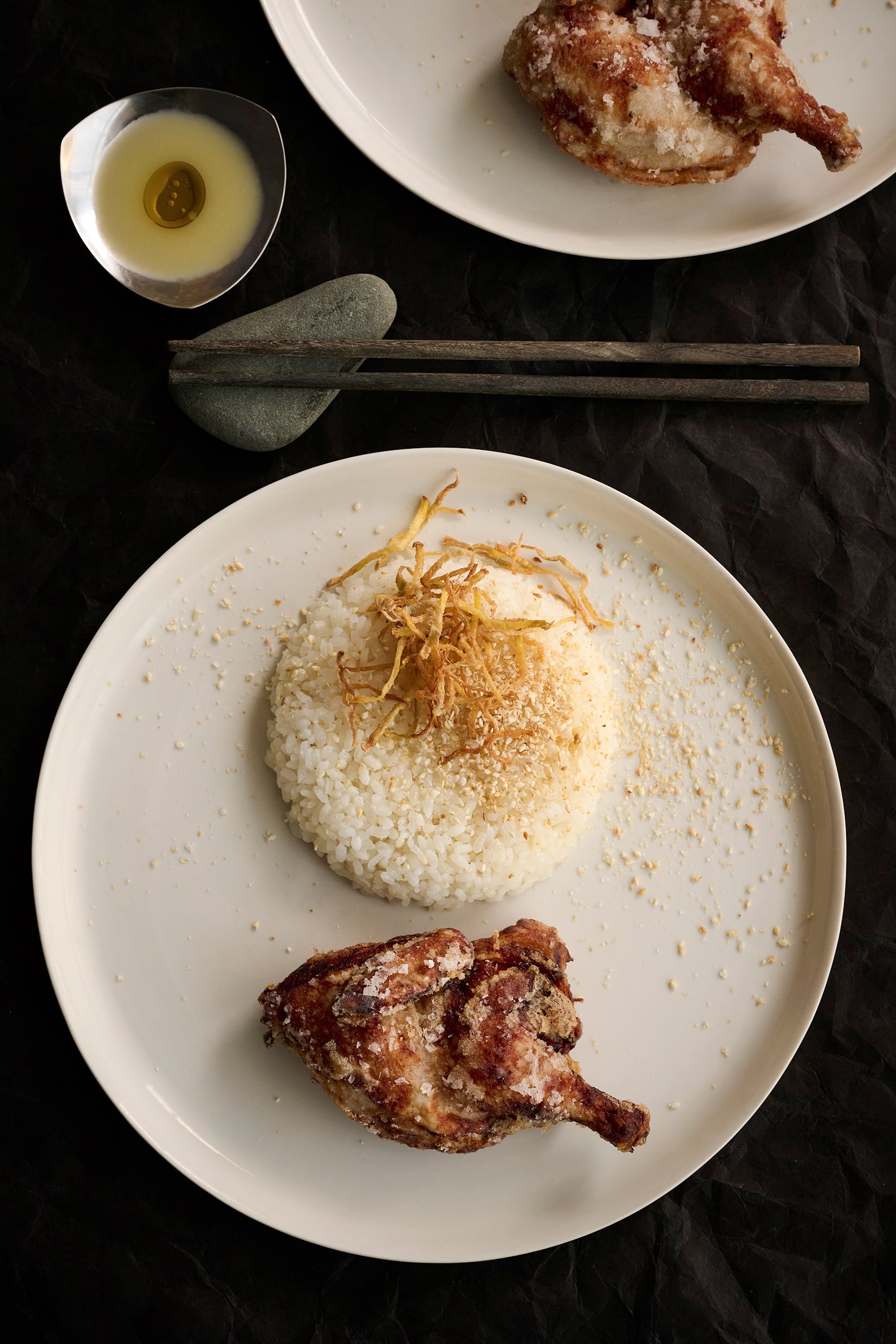 Sake-fried spatchcock with ginger sesame rice