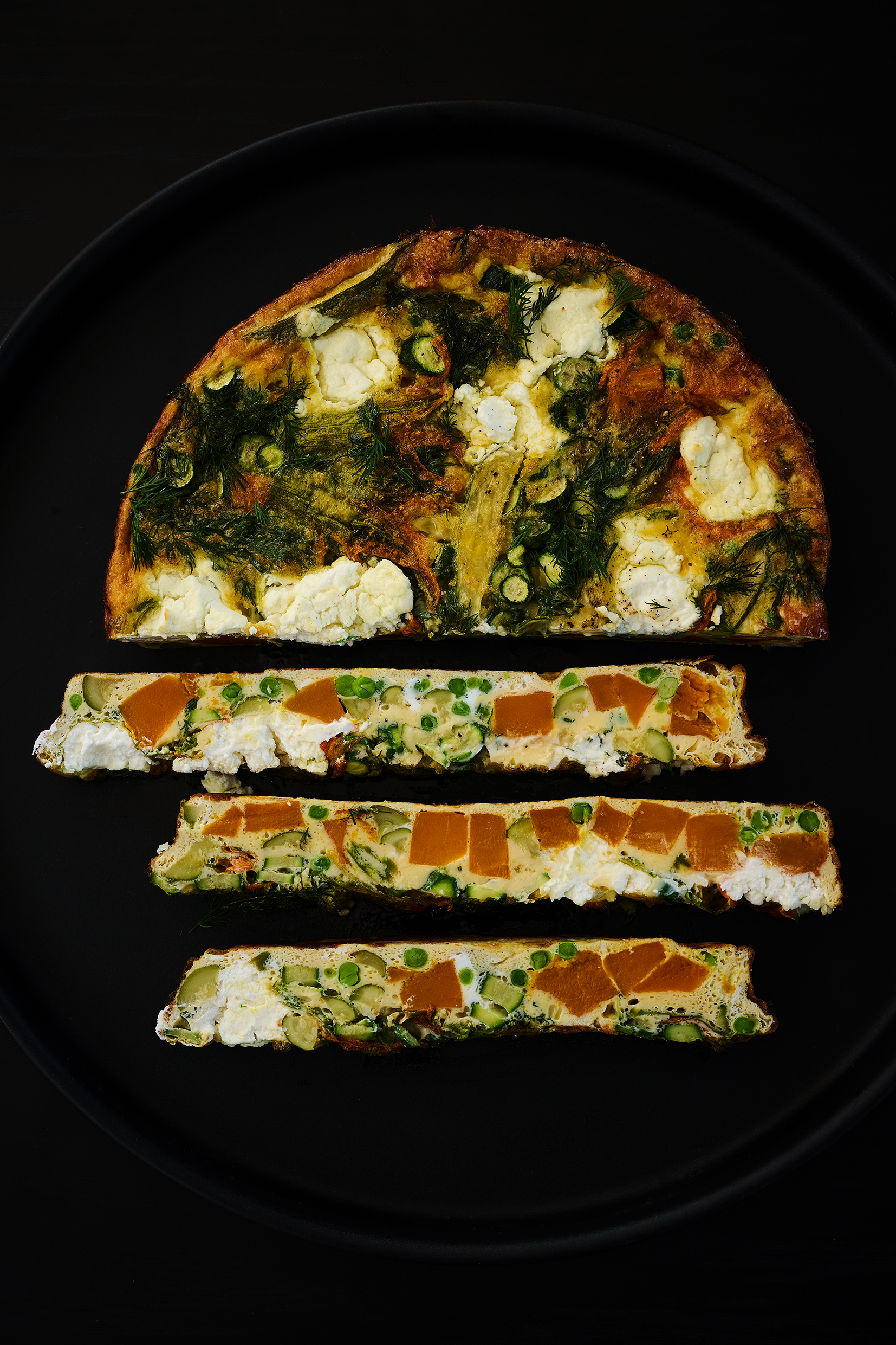 Zucchini flower and goat’s cheese frittata
