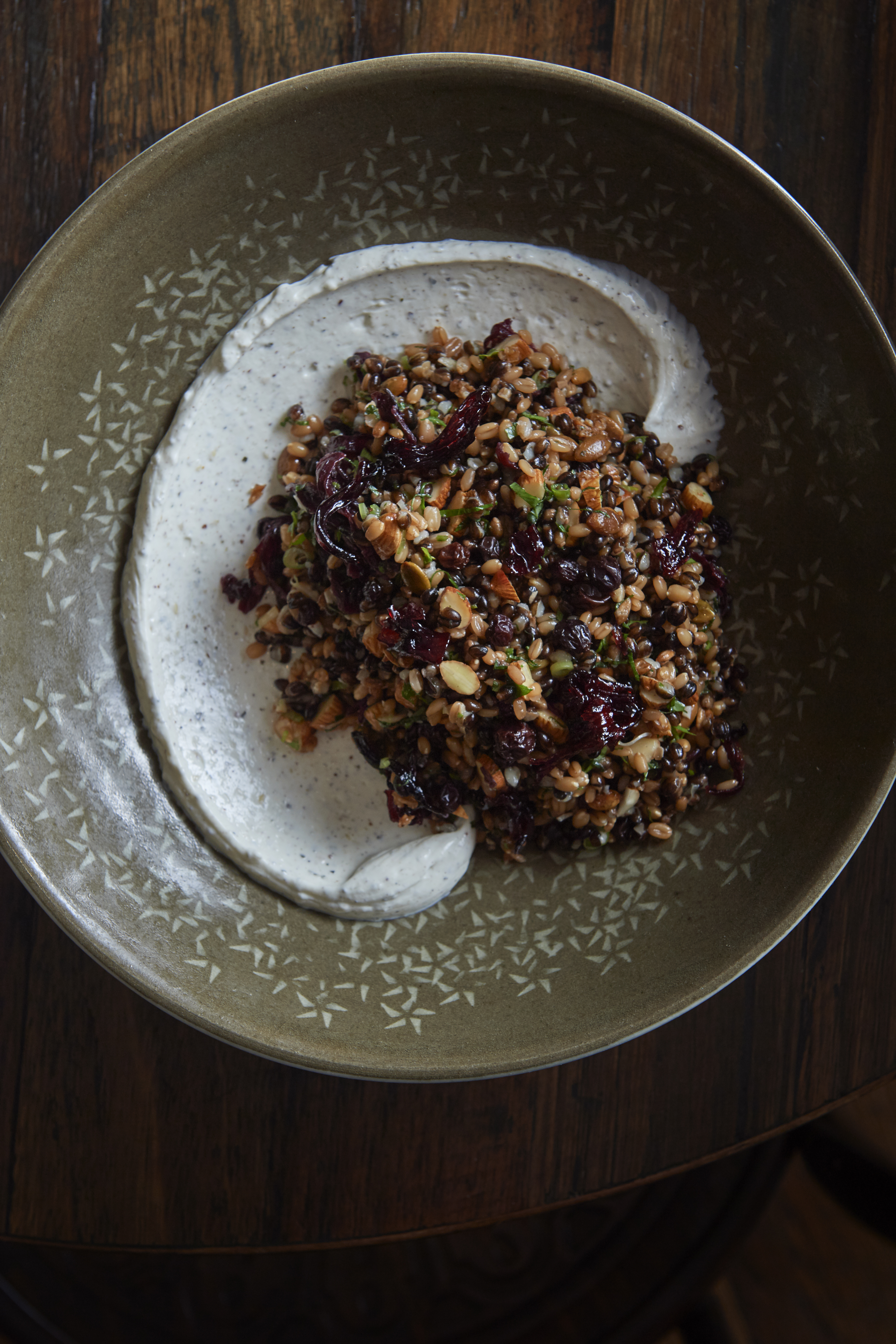 Black barley, farro, hibiscus and labne salad