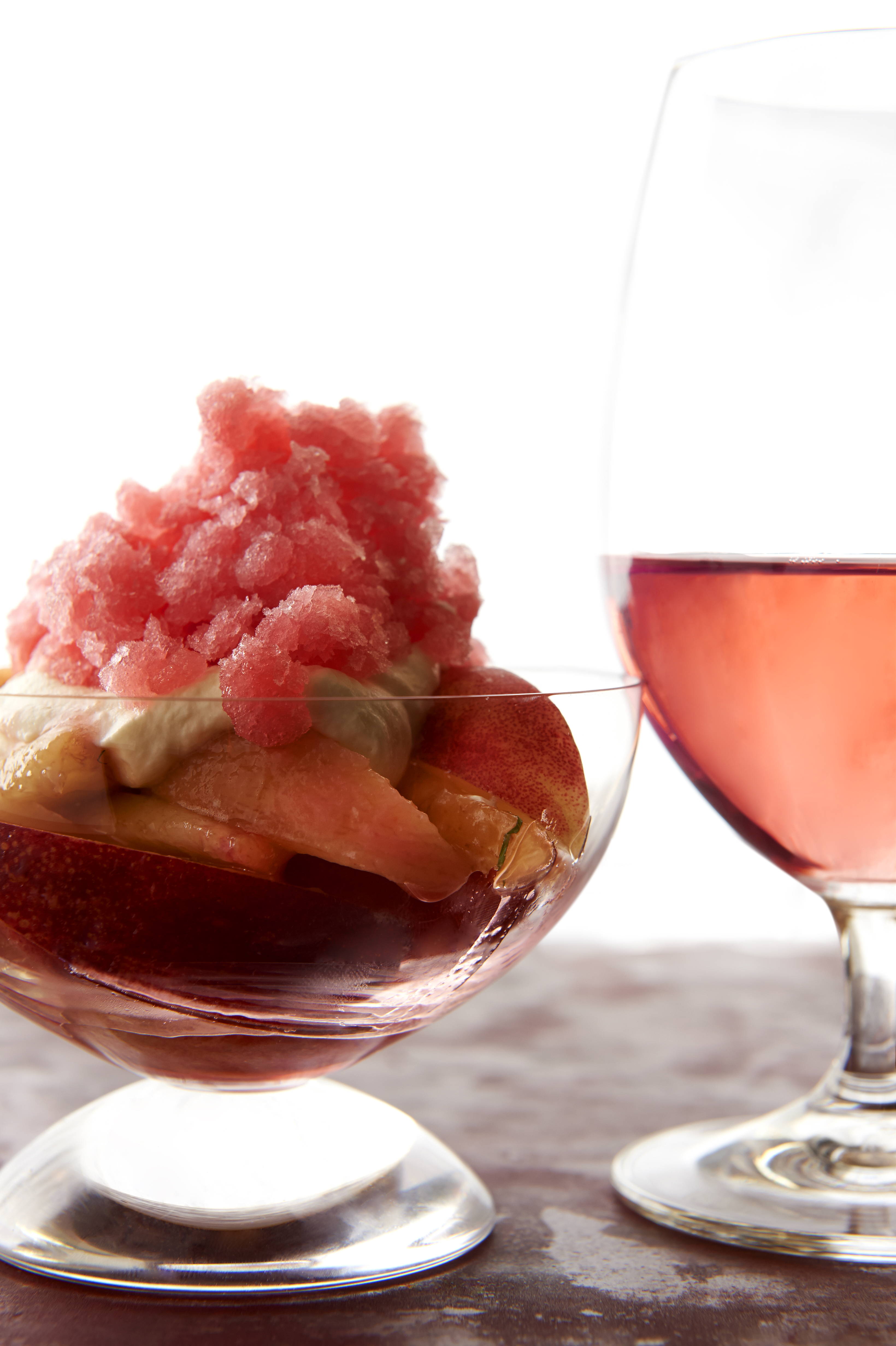 White peach and nectarine salad with Champagne granita