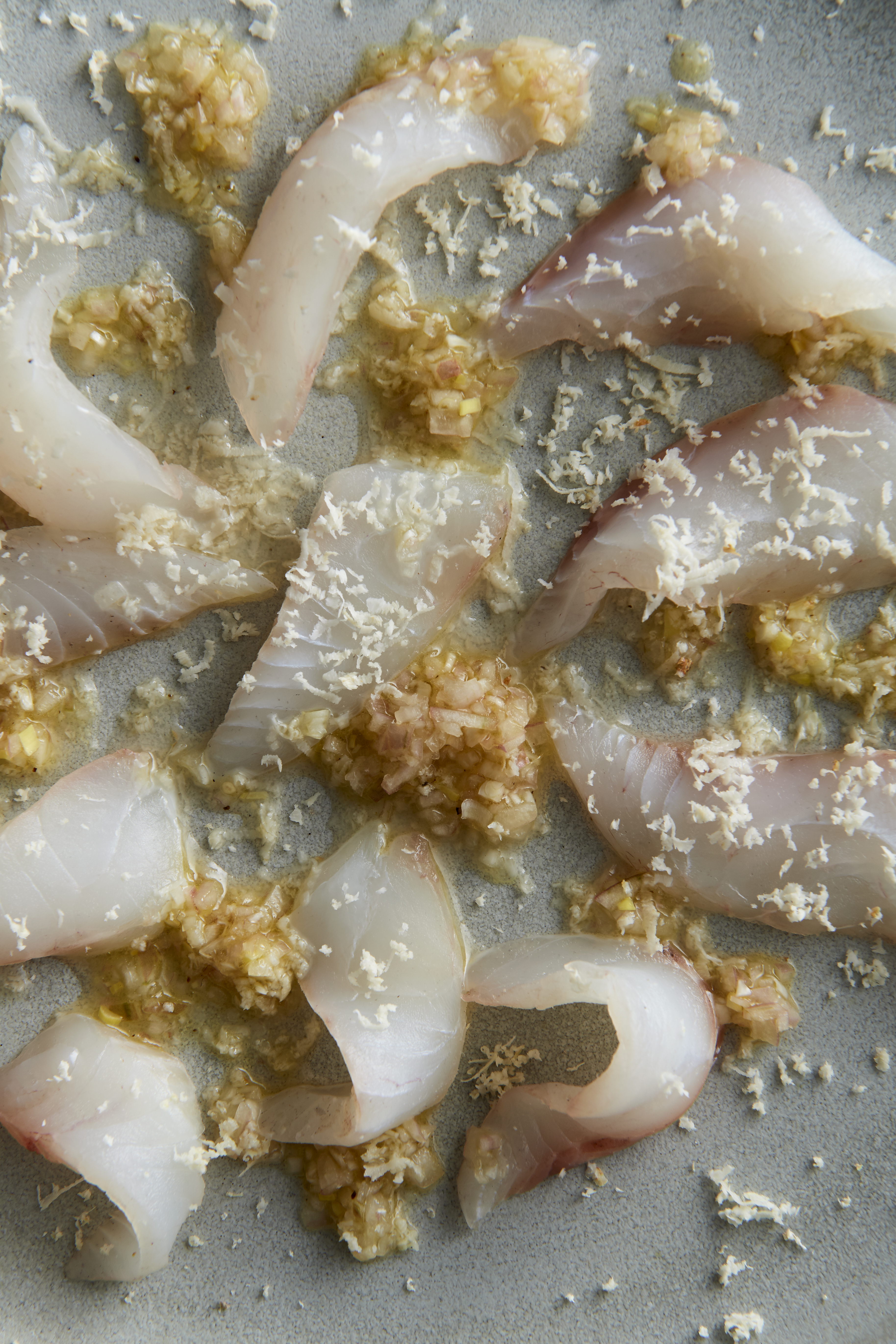 Raw sea bream with fresh horseradish, shallot and lemon dressing