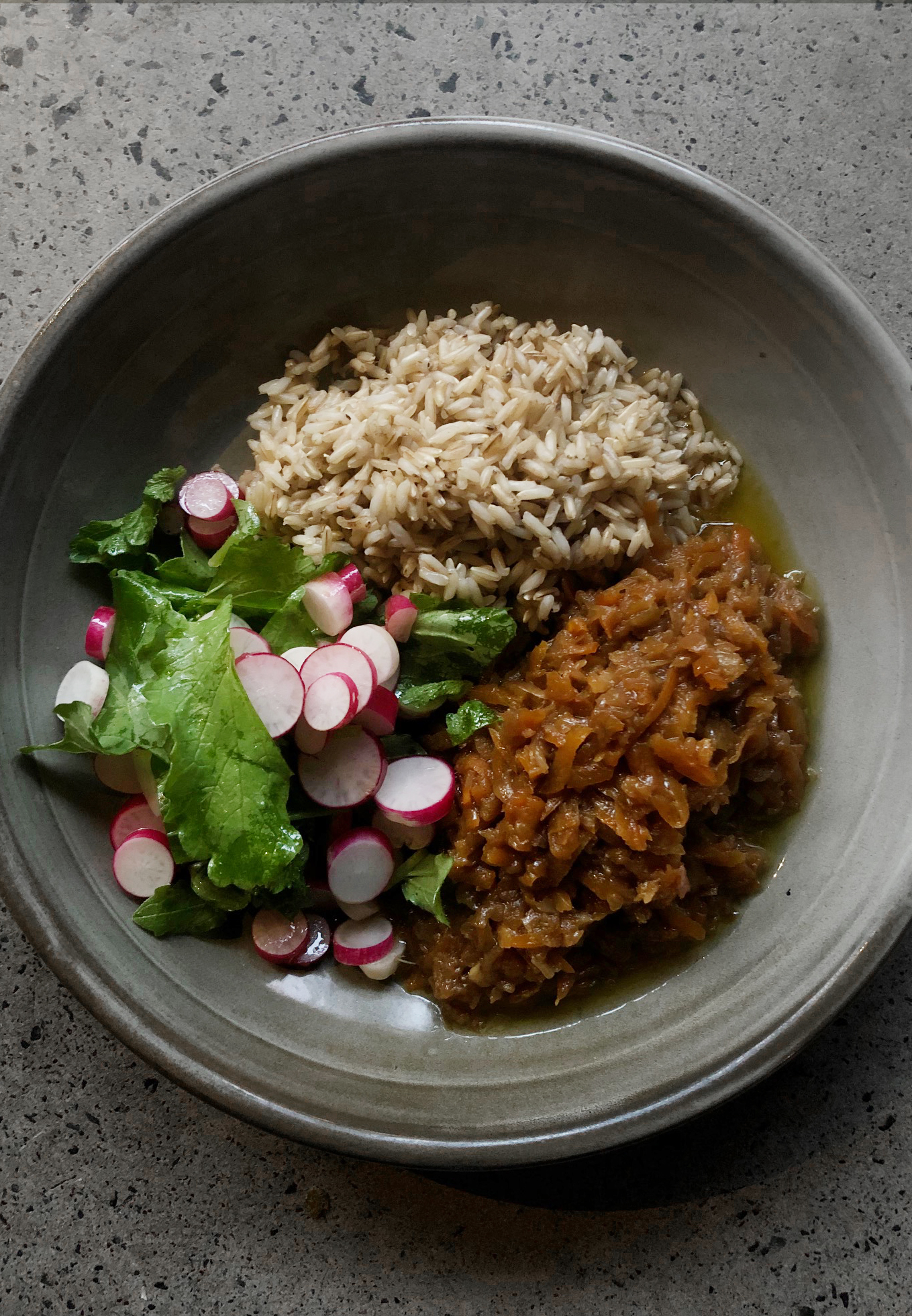 Braised root vegetables with Vegemite, brown rice and radish salad