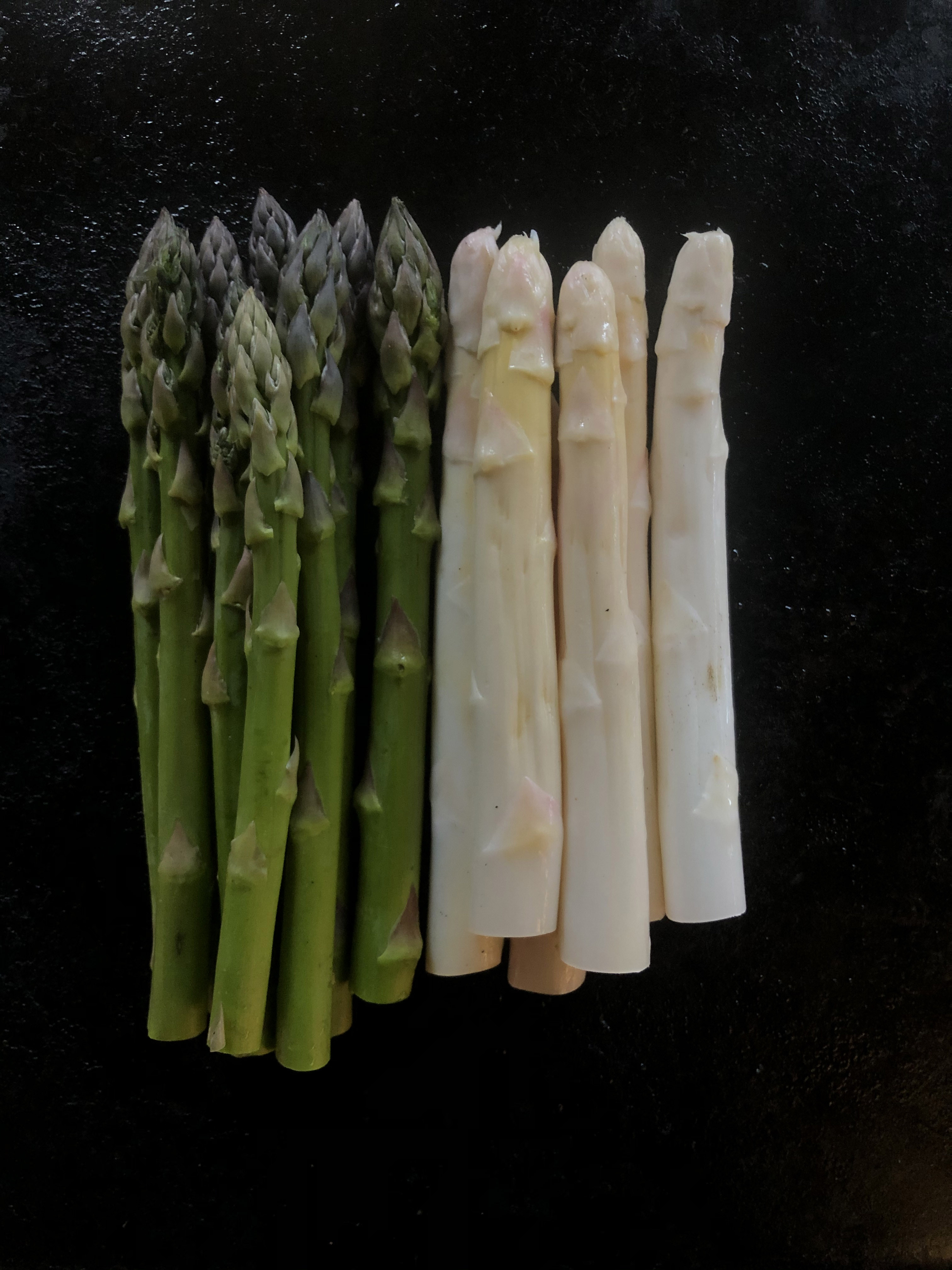 Roasted green asparagus and pickled white asparagus with tarama