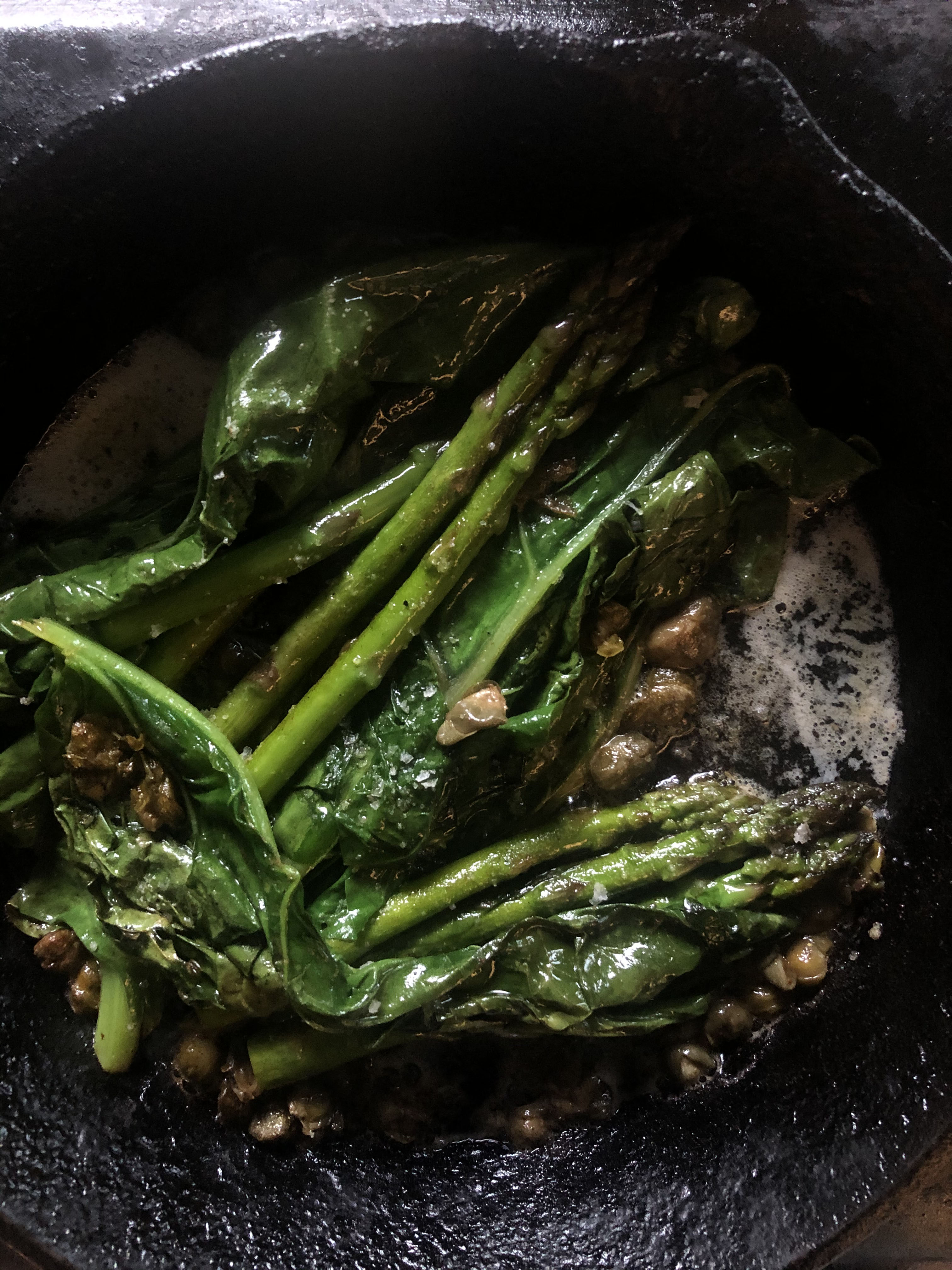 Roasted green asparagus and pickled white asparagus with tarama