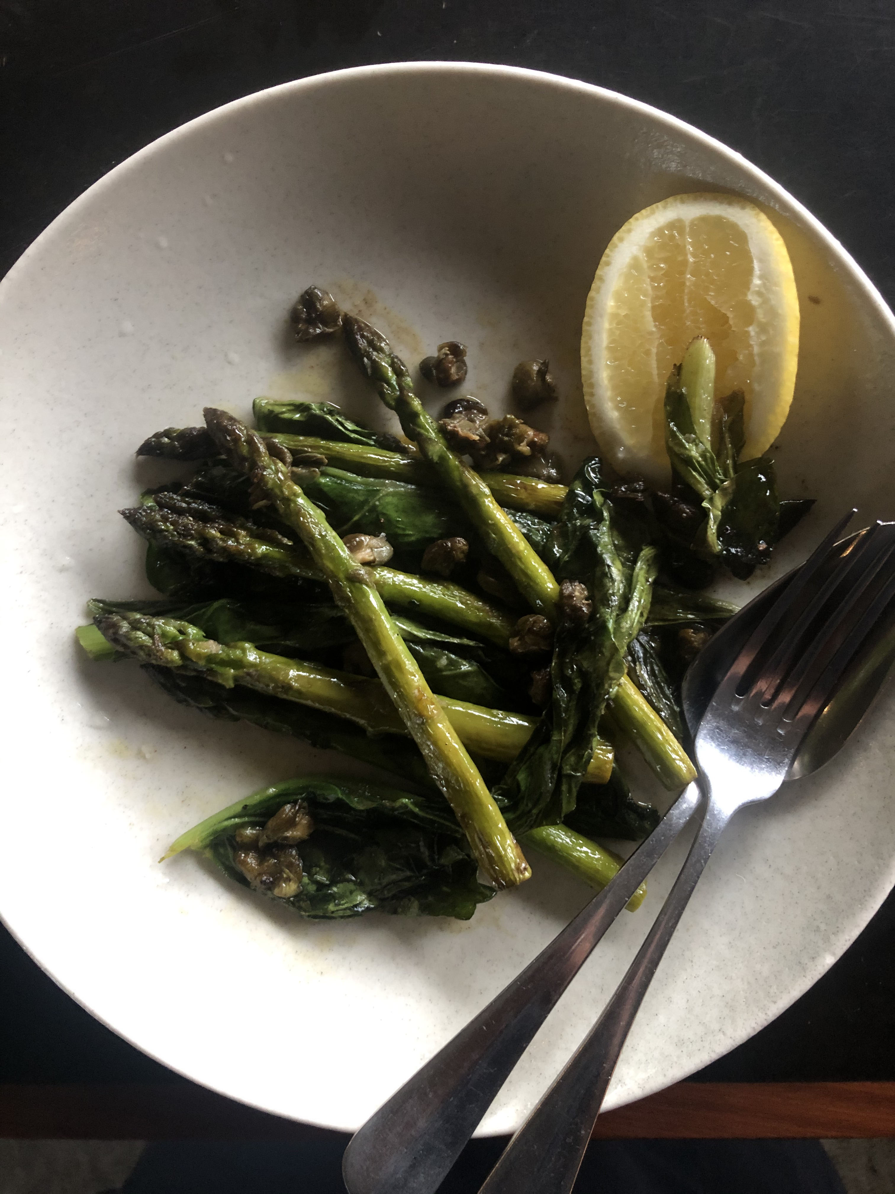 Roasted green asparagus and pickled white asparagus with tarama
