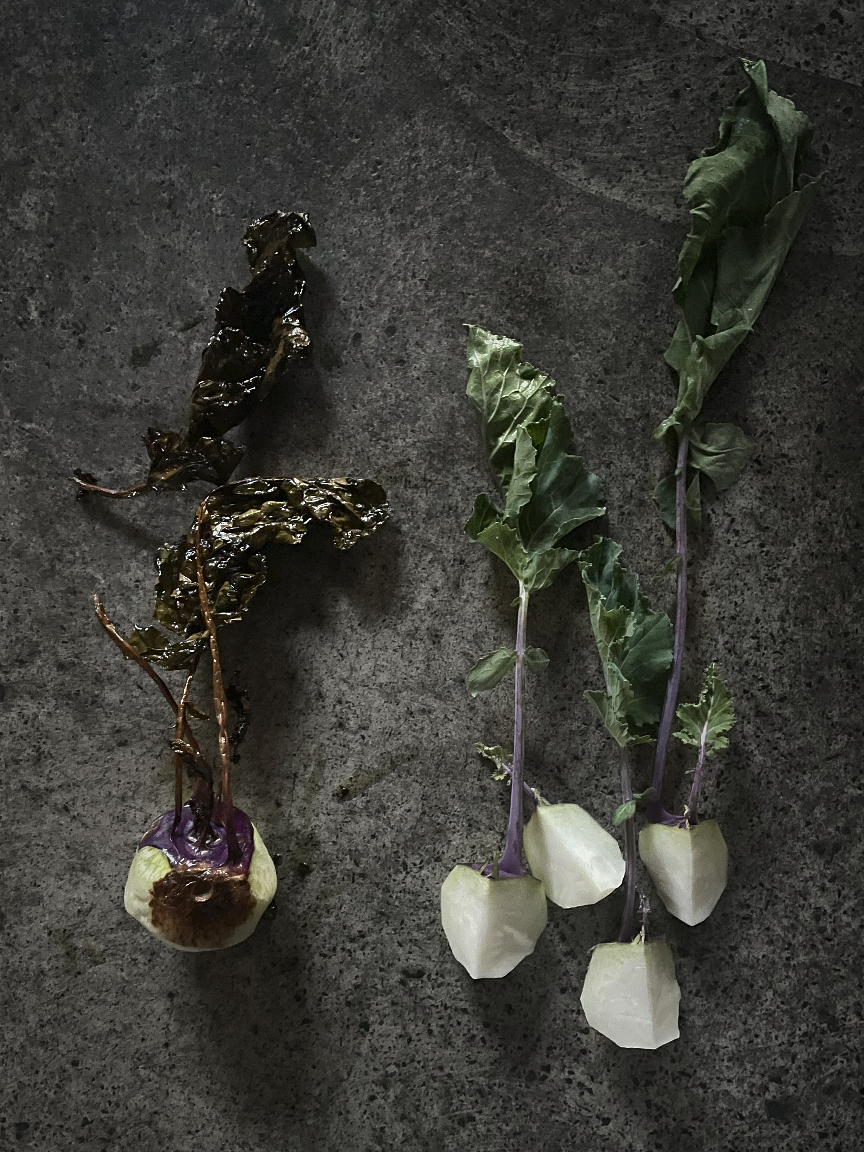 Roasted kohlrabi with lamb and prune sauce, and raw kohlrabi with macadamia cream