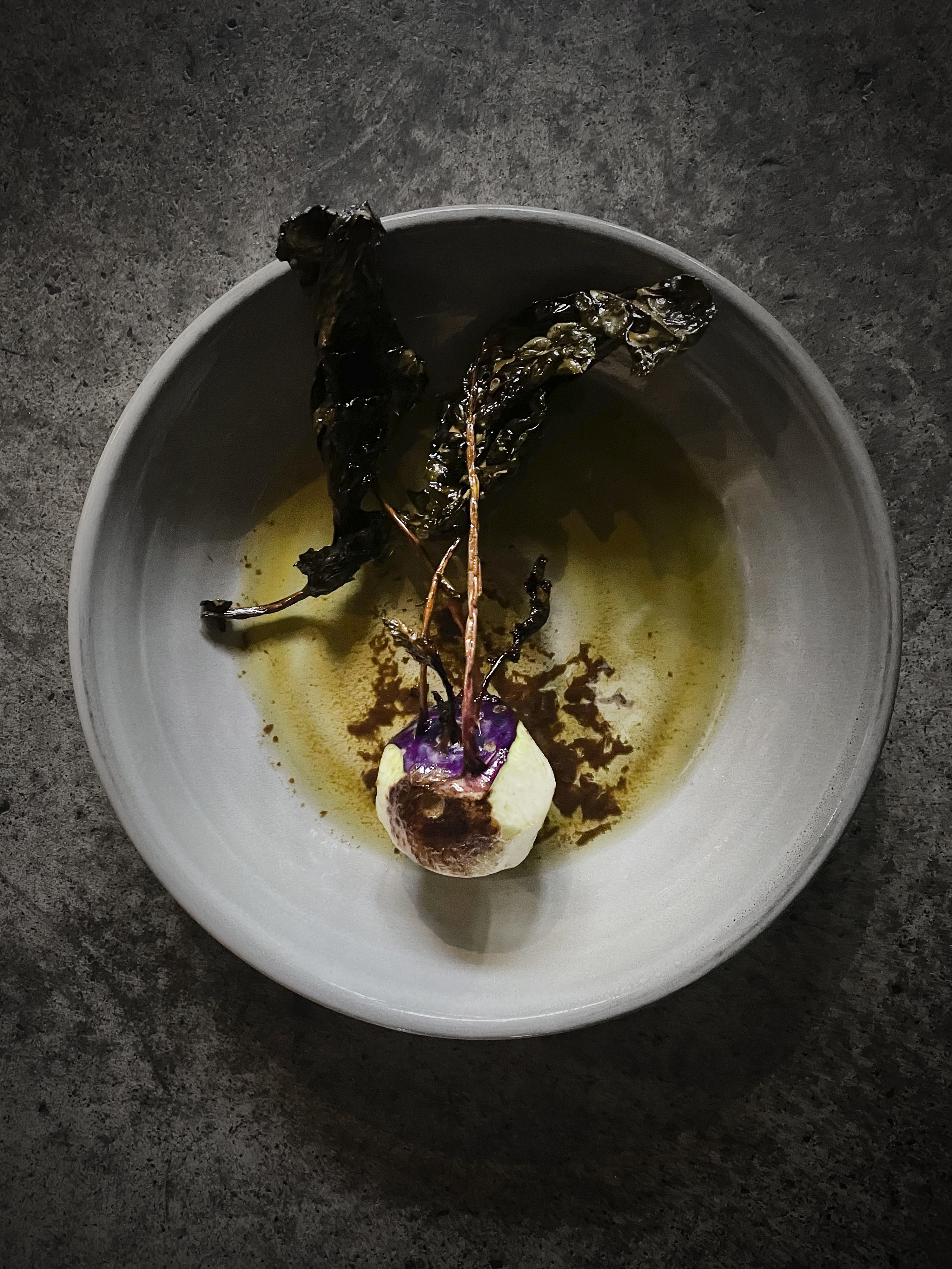 Roasted kohlrabi with lamb and prune sauce, and raw kohlrabi with macadamia cream