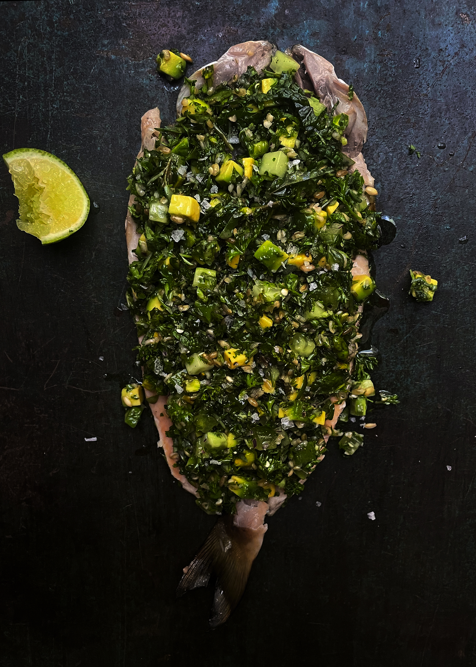 Pistachio and purslane ‘tabouli’ with grilled fish