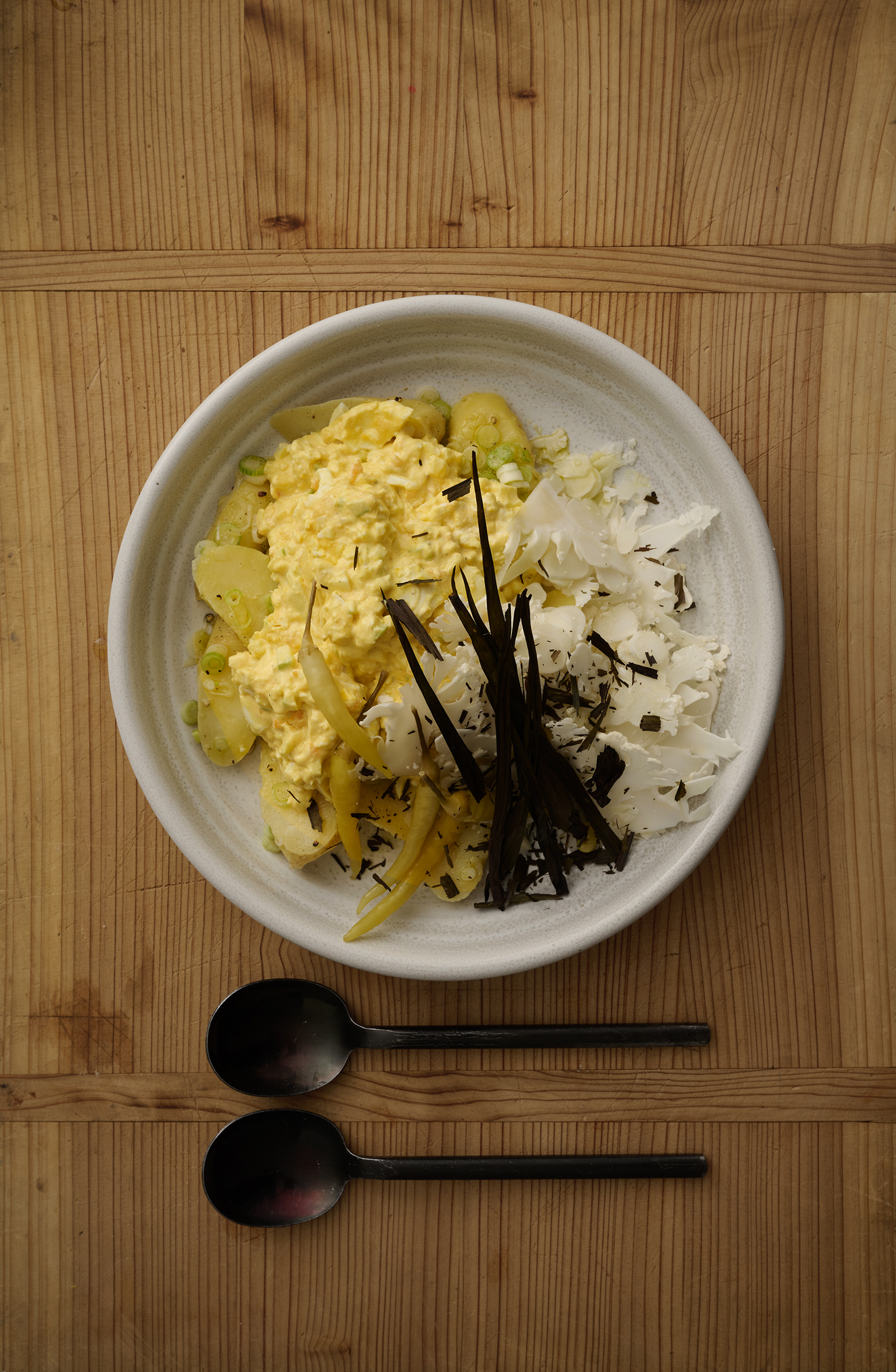 Sour cream Japanese egg salad with shaved cauliflower and potatoes and pickles
