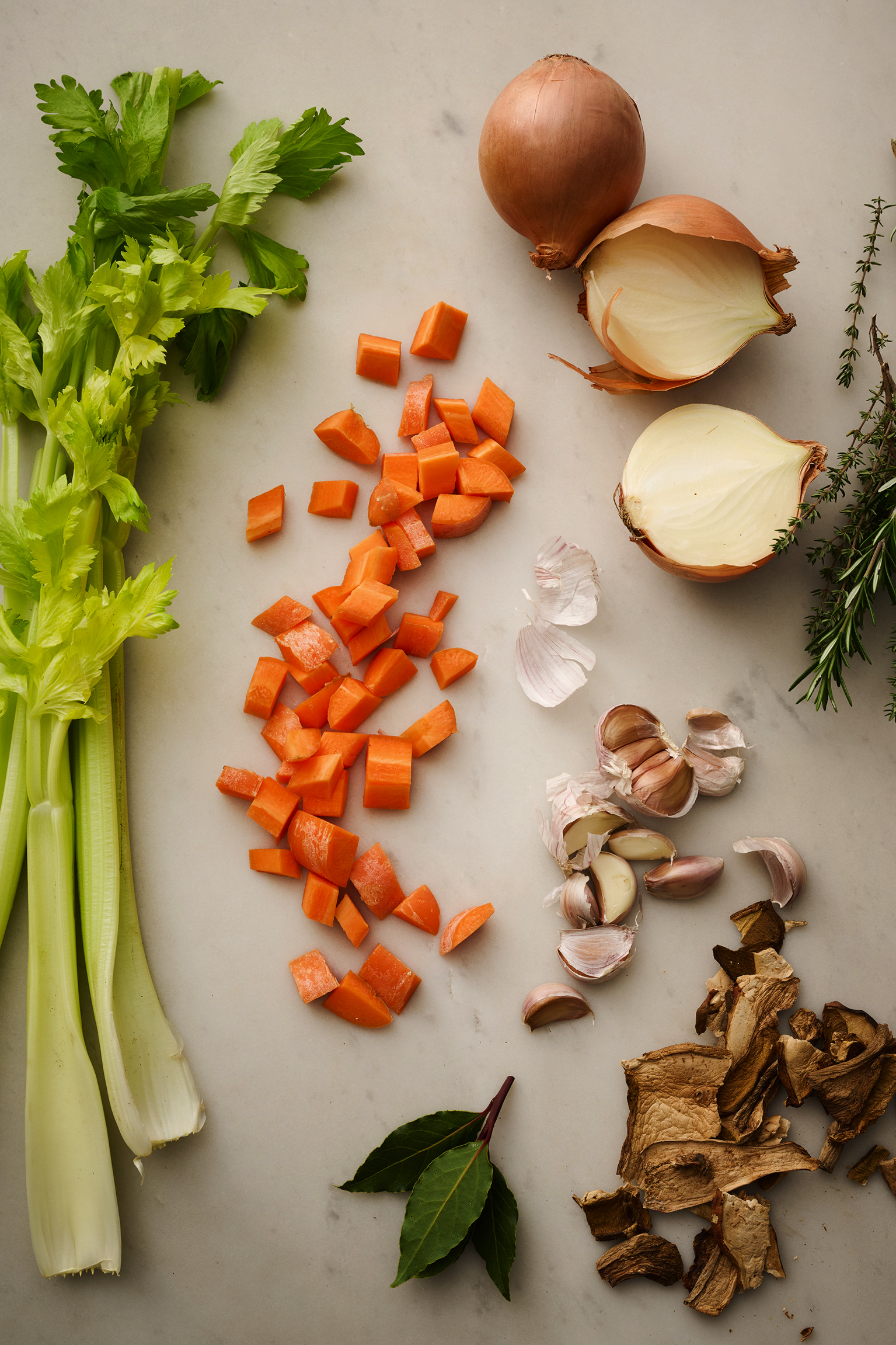 Celery, diced carrot, brown onions and garlic.