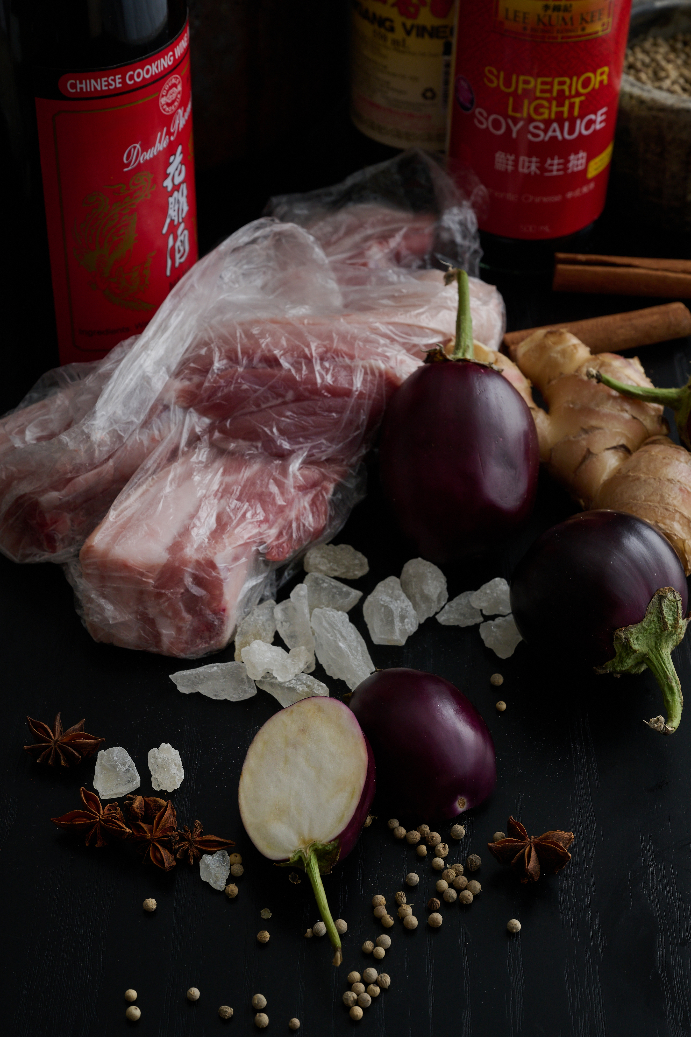 Glazed sticky pork with cassia, star anise, black vinegar and eggplant  