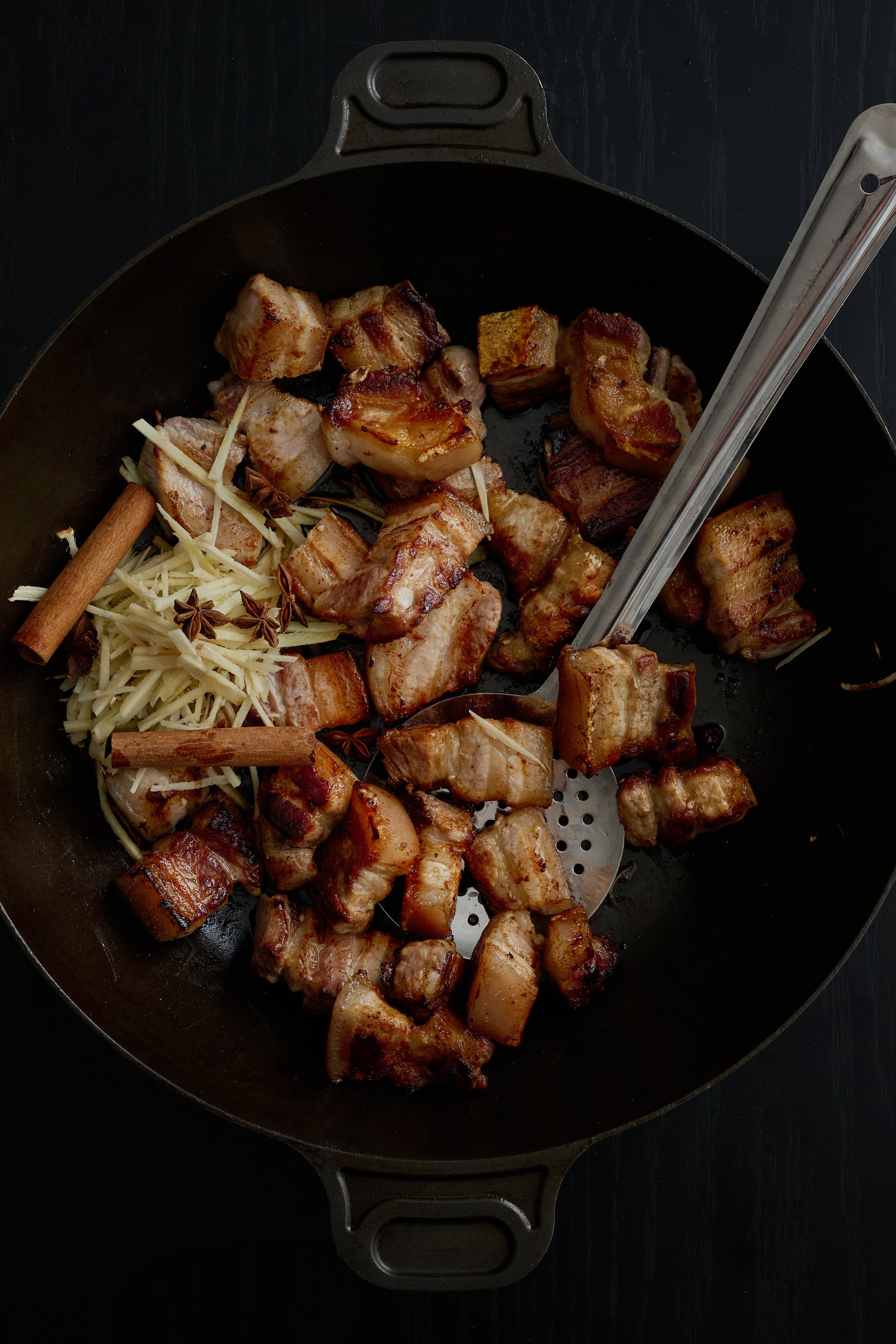Glazed sticky pork with cassia, star anise, black vinegar and eggplant  