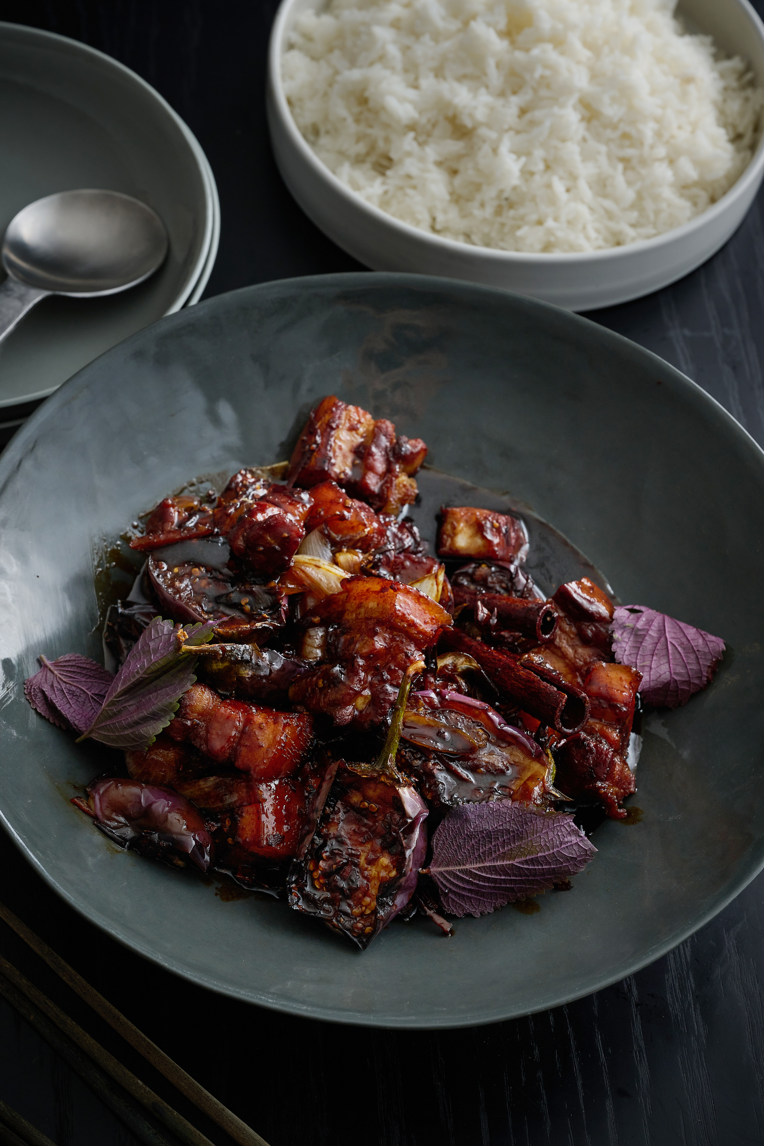 Glazed sticky pork with cassia, star anise, black vinegar and eggplant  