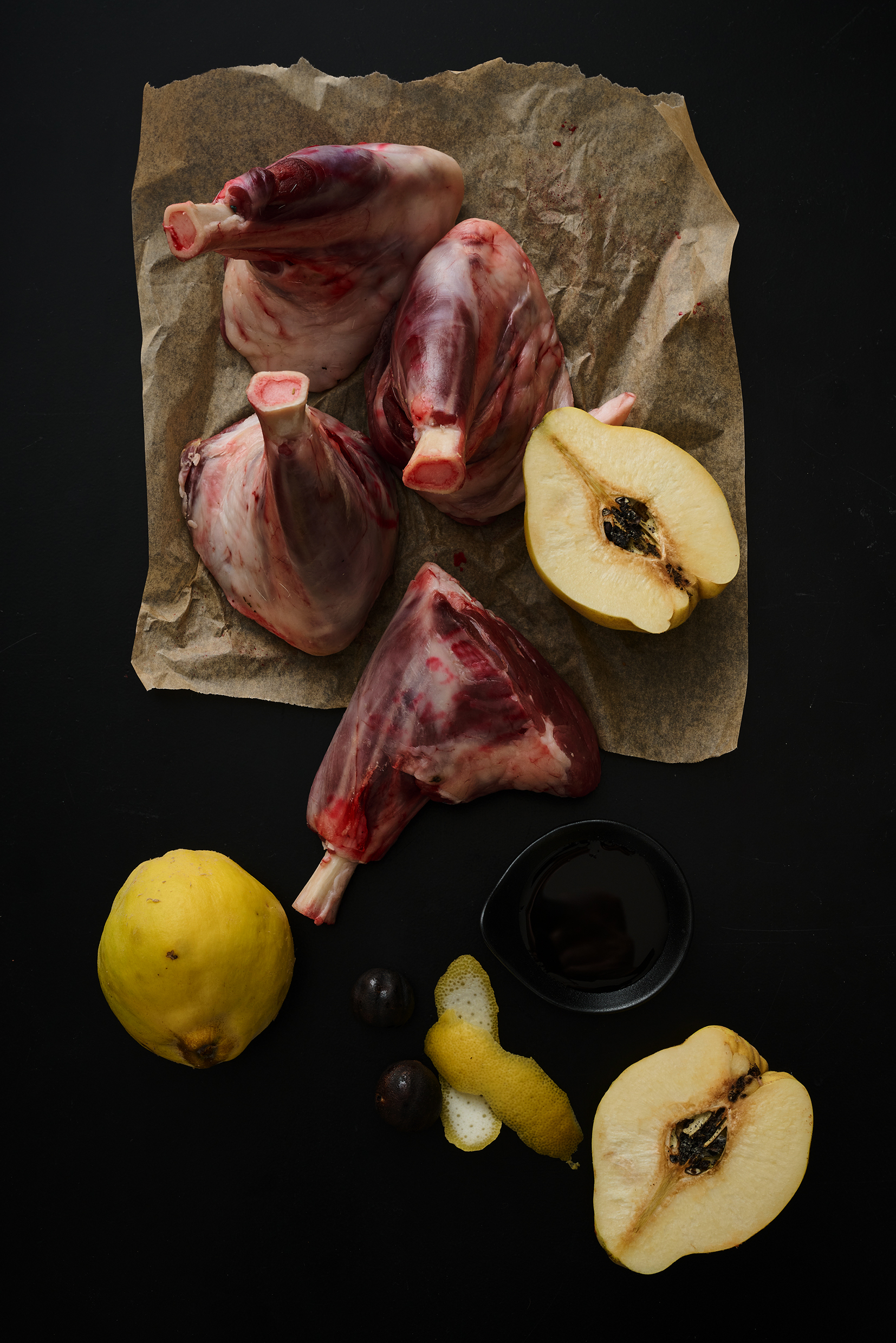 Spiced lamb shanks with quince, date molasses, carrots and dried lime