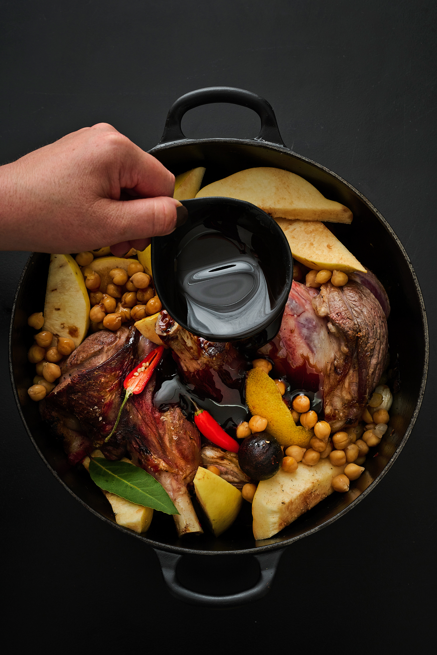 Spiced lamb shanks with quince, date molasses, carrots and dried lime