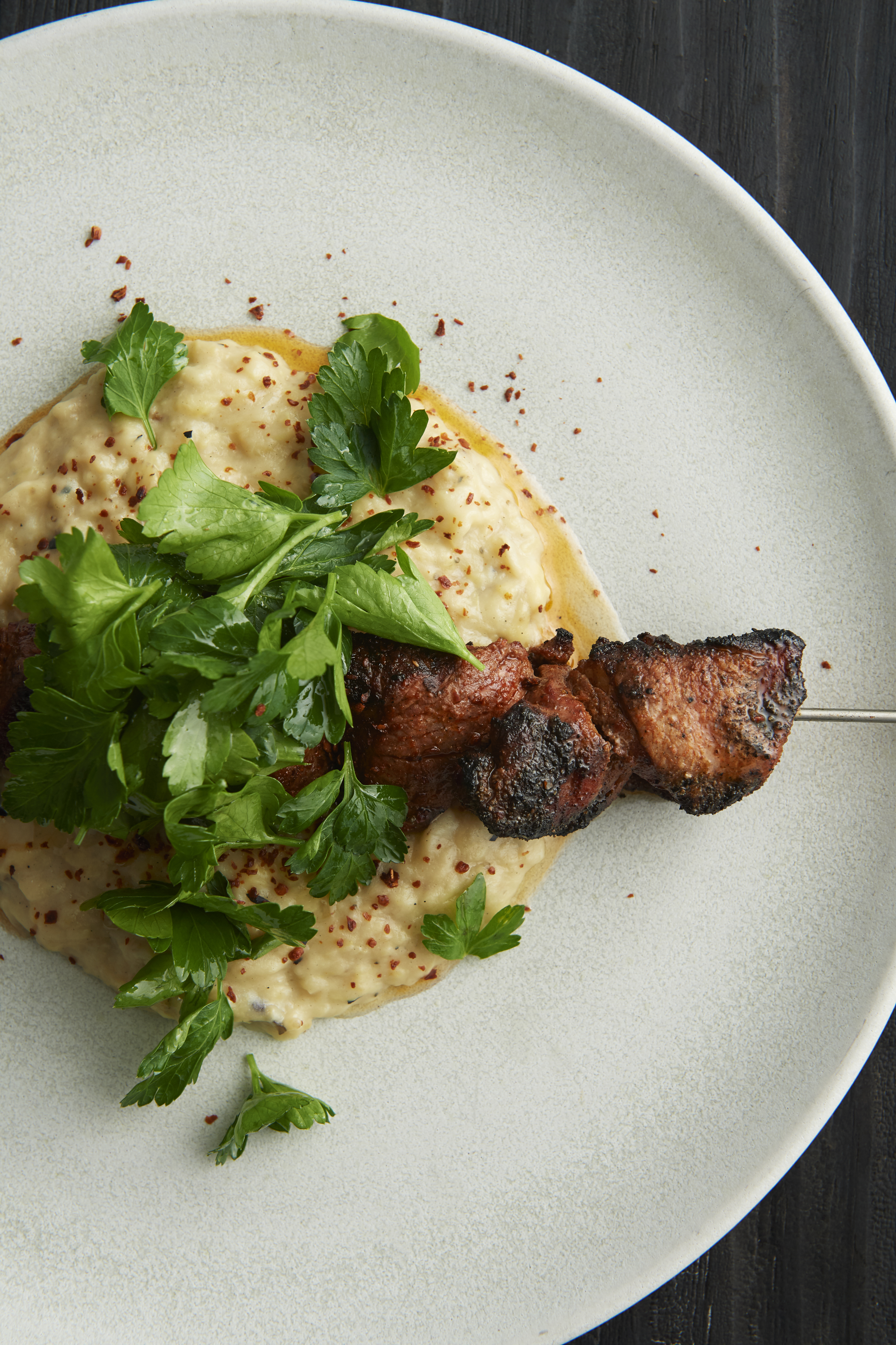 Lamb kebabs with eggplant & Turkish chilli