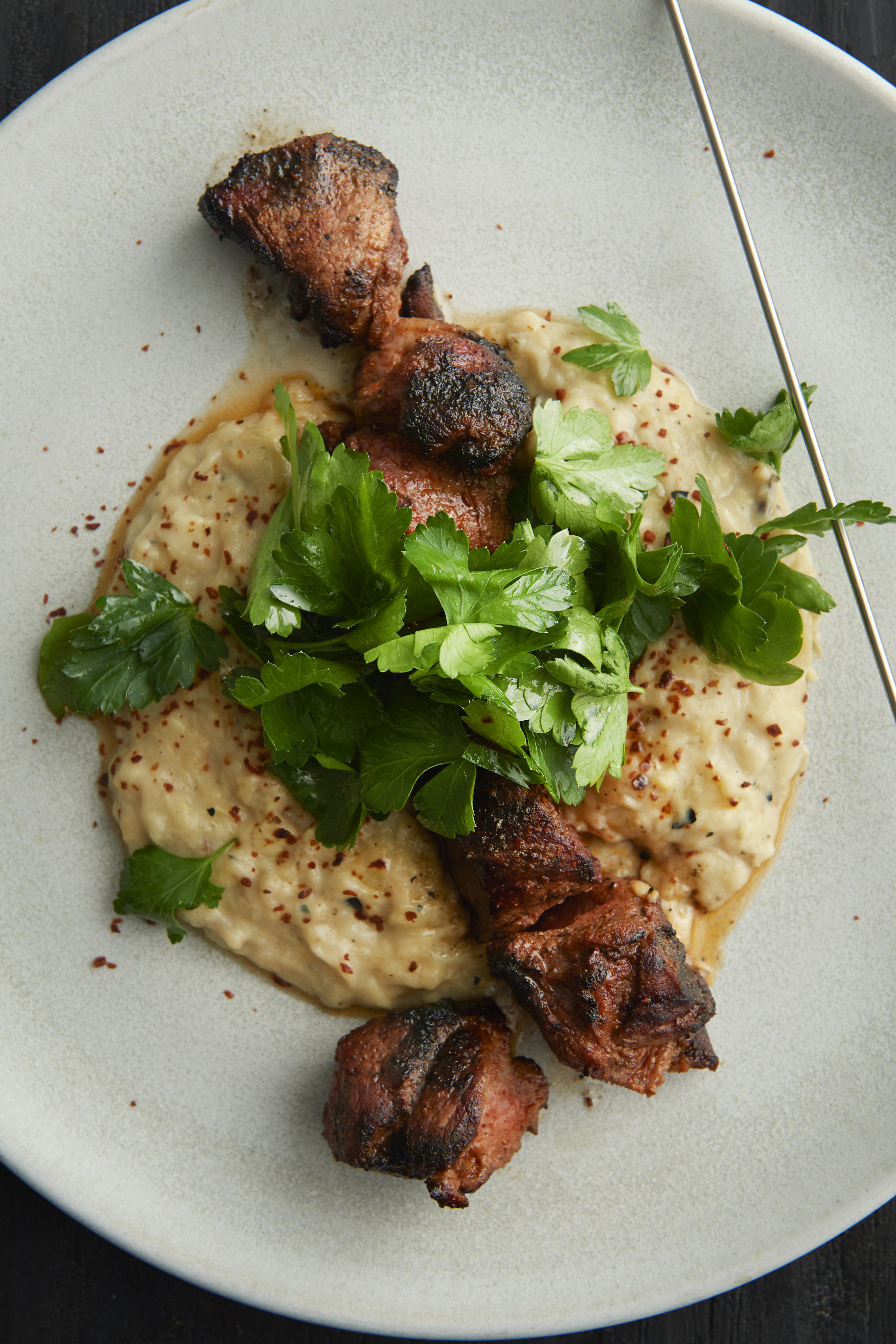 Lamb kebabs with eggplant & Turkish chilli