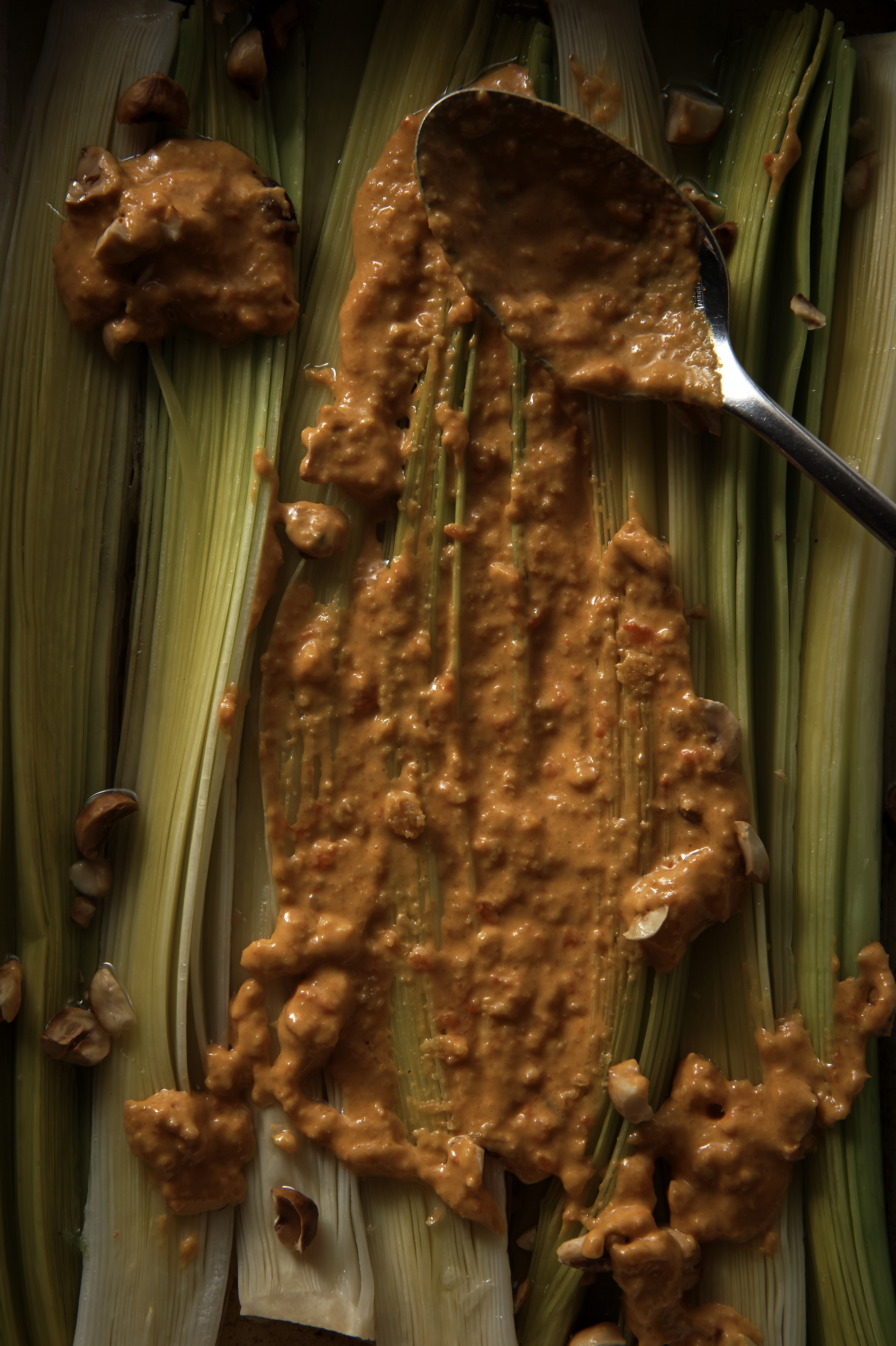 Leeks with romesco sauce