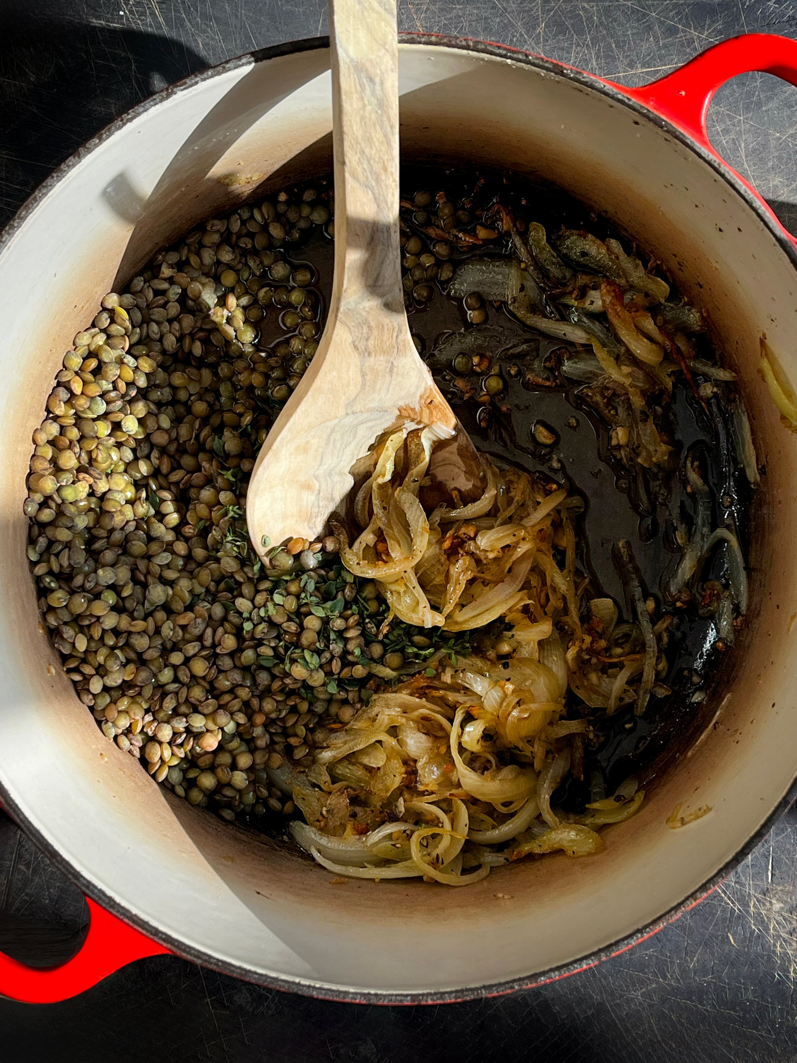 A rustic pot of braised lentils and caramelised brown onions.