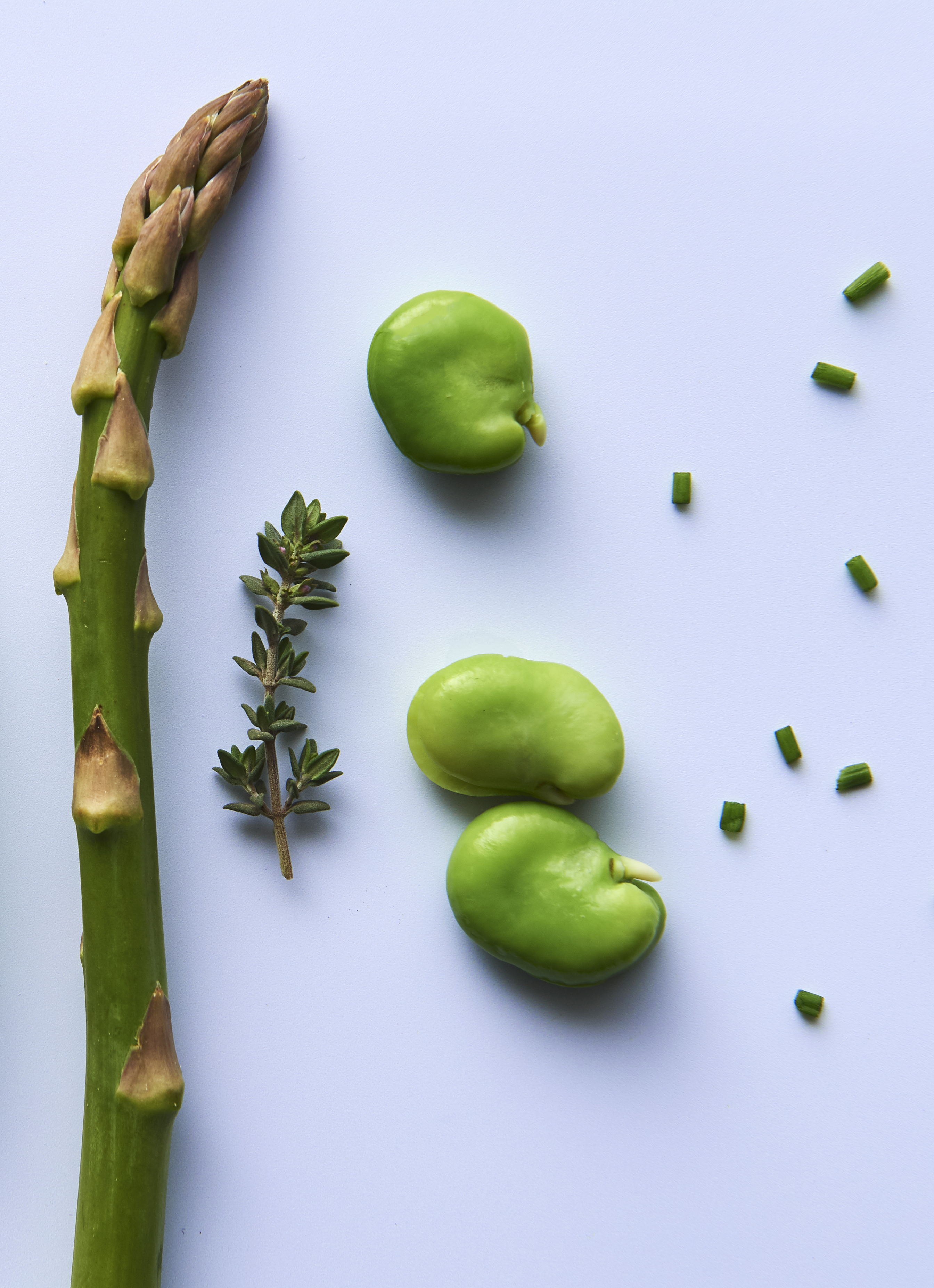Spring linguini on pea purée