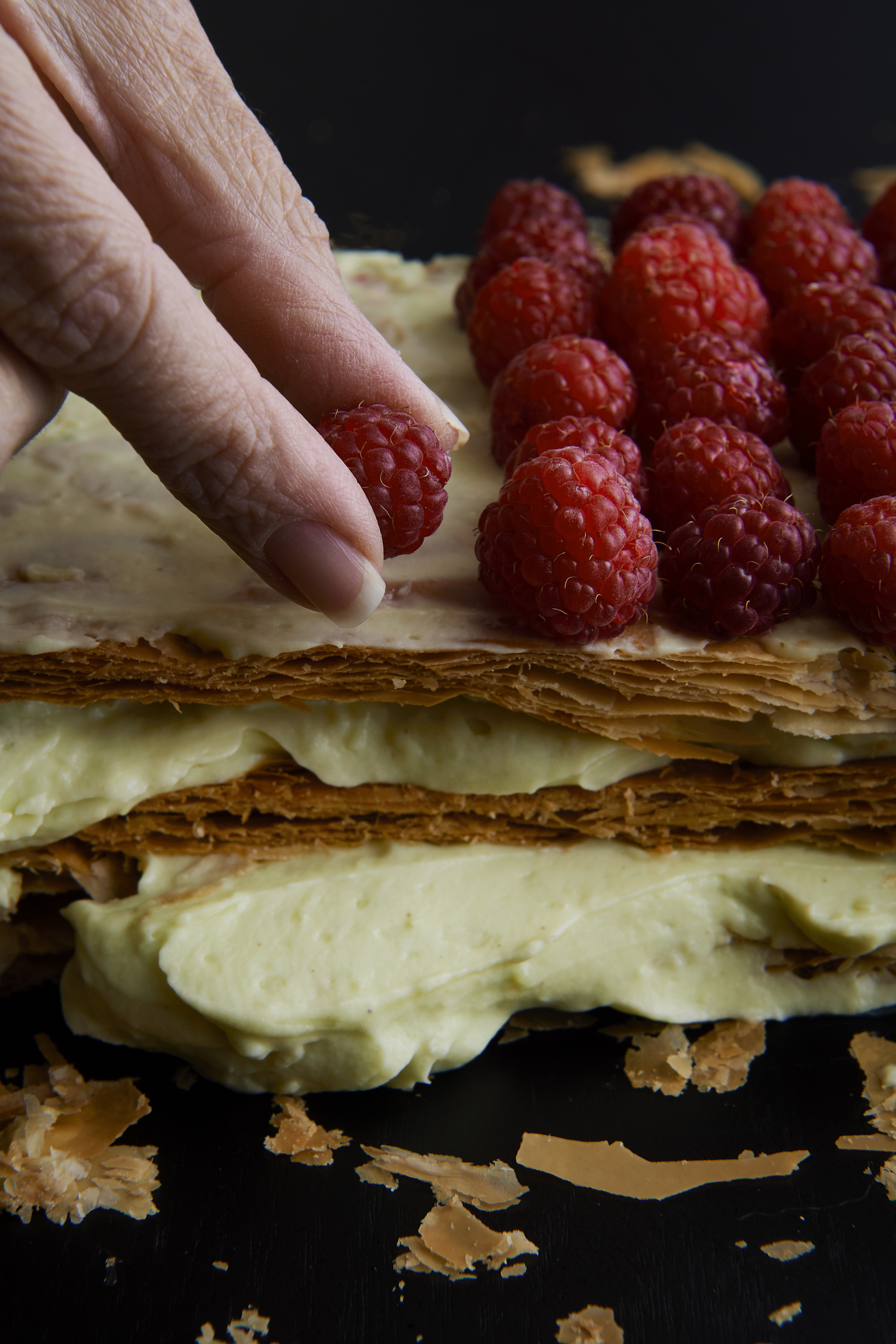 Pistachio and raspberry mille-feuille